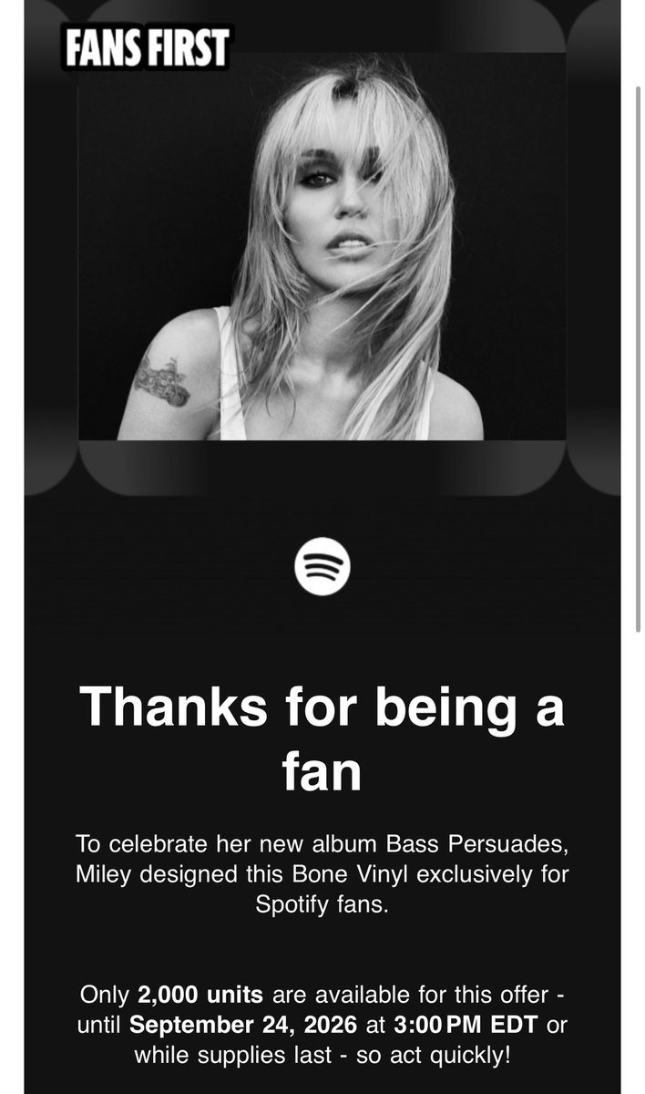 ADORING_MILEY's tweet photo. @Spotify just sent out this email to @miley listeners! New vinyl variant! #basspersuades @mileyworld @MileyUpdates @MileyNation https://t.co/ZApwtSVFxw