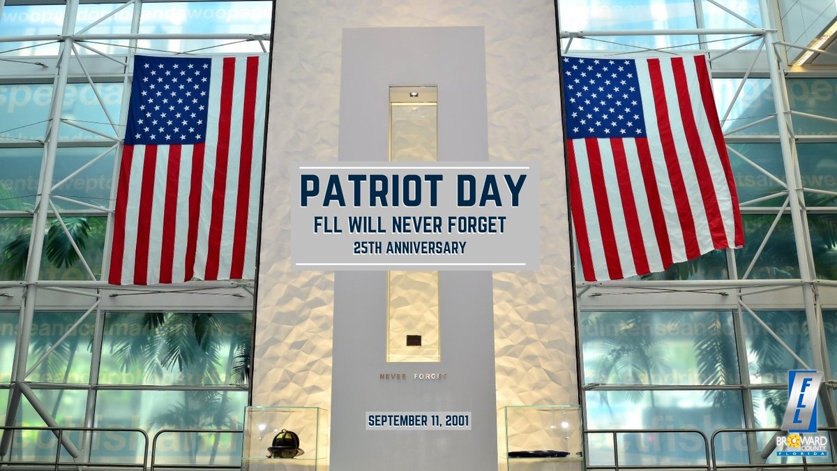 FLLFlyer's tweet photo. #FLL will host its annual Patriot Day ceremony on Friday, September 11, at 8:30AM in Terminal 1 at the airport's dedicated 9/11 monument.

Join us by watching the live broadcast here: https://t.co/xujy7yNTjq.

We look forward to commemorating this important day together to honor and remember the lives lost on September 11, 2001.

*FLL is a Service of the Broward County Board of County Commissioners.