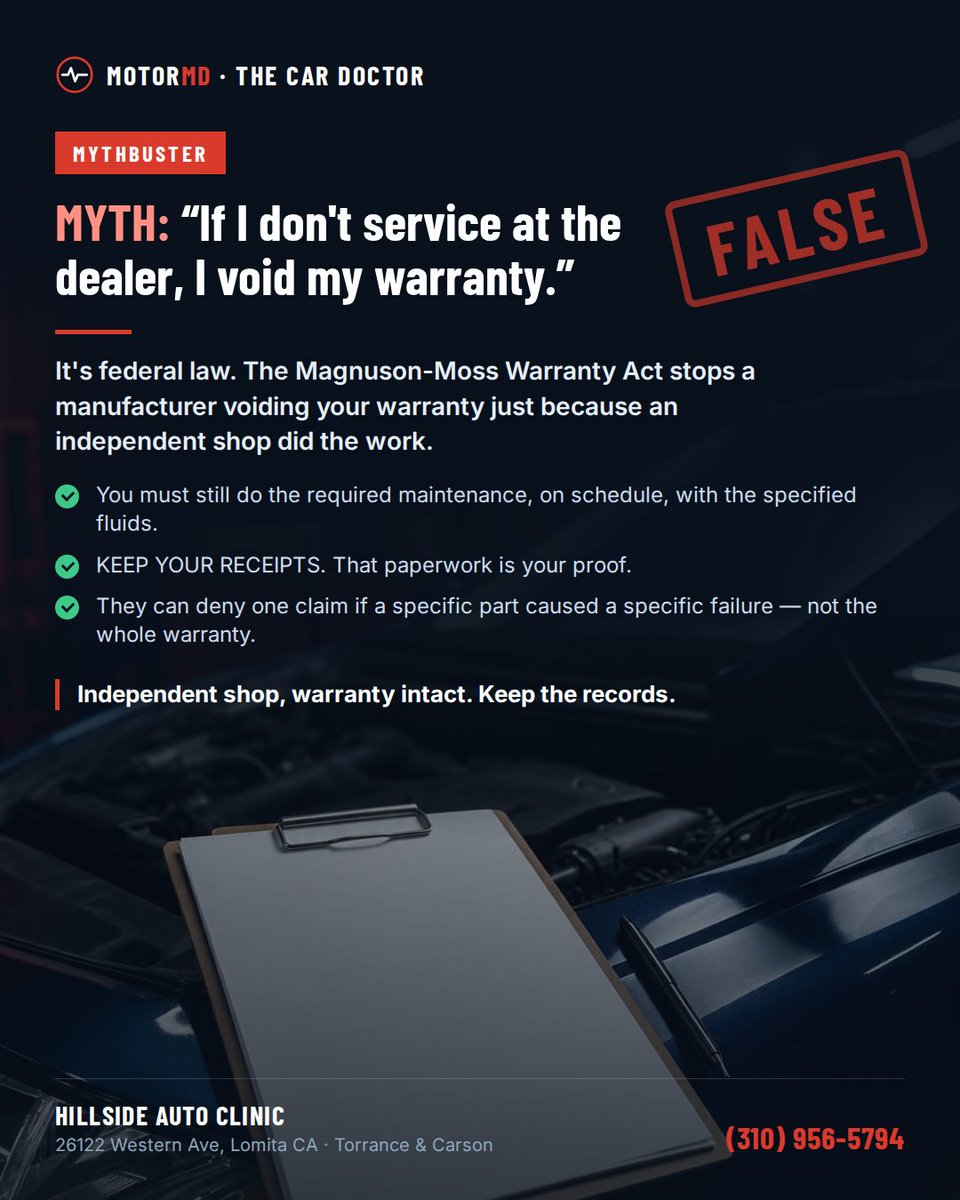 LordSamSayegh's tweet photo. MYTH: using an independent shop voids your new car warranty.

FALSE. The Magnuson-Moss Warranty Act protects you.

Do the scheduled maintenance. Use the right fluids/parts. KEEP THE RECEIPTS.

Independent shop, same warranty, lower bill. #CarMyths #SouthBay https://t.co/653E7BS1WN