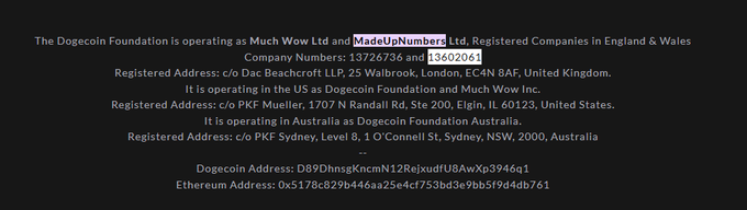 TexasTDunc's tweet photo. Dogecoin has a company named "MadeUpNumbers" and their Company Registration Number is "13602061"

Its basically the cashcat/baton of DOGE

paired in DOGE and fees to BillyM2K

https://t.co/Fcwa8gznQG https://t.co/zJZ5DXp7HJ