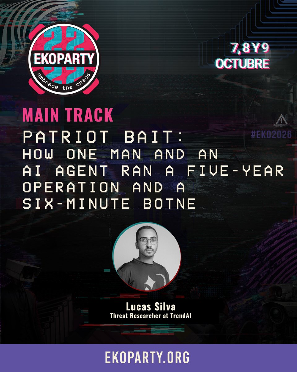 ekoparty's tweet photo. Charlas Main Track by @bancogalicia I EKO Buenos Aires 2026 🔥

🗣️ “Patriot Bait: How One Man and an AI Agent Ran a Five-Year Influence Operation and a Six-Minute Botne” dictada por @s1lva_lucas 

🎯 La IA agéntica ahora permite que una sola persona haga el trabajo de todo un equipo, y esta charla muestra exactamente cómo se ve eso en la práctica. Seguimos a un actor de amenazas ruso-parlante, de bajo nivel técnico y que operaba en solitario, conocido como “bandcampro”, quien llevó adelante durante cinco años una operación de ciberdelito casi por completo utilizando una IA comercial con sus medidas de seguridad vulneradas.
Los hallazgos que se mostrarán en esta charla provienen de múltiples fuentes que rara vez aparecen juntas: el propio entorno de trabajo del actor, que quedó expuesto; sus conversaciones de Telegram; y más de 200 registros de sus sesiones con Gemini CLI.

🚀  La charla abordará una campaña de fraude de cinco años, basada en temáticas MAGA/QAnon y operada a través de un canal de Telegram con 17.000 suscriptores. Allí, una versión de Gemini con sus medidas de seguridad vulneradas impulsaba un pipeline de contenido llamado “Quantum Patriot”, un chatbot utilizado para una estafa bajo el nombre “QFS 2.0 Terminal” y una falsa wallet de autocustodia que, en realidad, era un RAT.
También se expone el funcionamiento técnico detrás de la operación: un actor que escribía únicamente instrucciones simples en ruso hizo que la IA migrara un botnet de C&C activo que controlaba máquinas dentro de una clínica odontológica en aproximadamente seis minutos, reduciendo toda la capacidad de C&C a tres archivos de texto plano de menos de 5 KB.

🎙️ Esta charla será dictada en inglés.

📅 Ekoparty Buenos Aires | 7, 8 y 9 de octubre 2026
🎫 Comprá tu entrada ahora en https://t.co/sJ1zuBlLCY