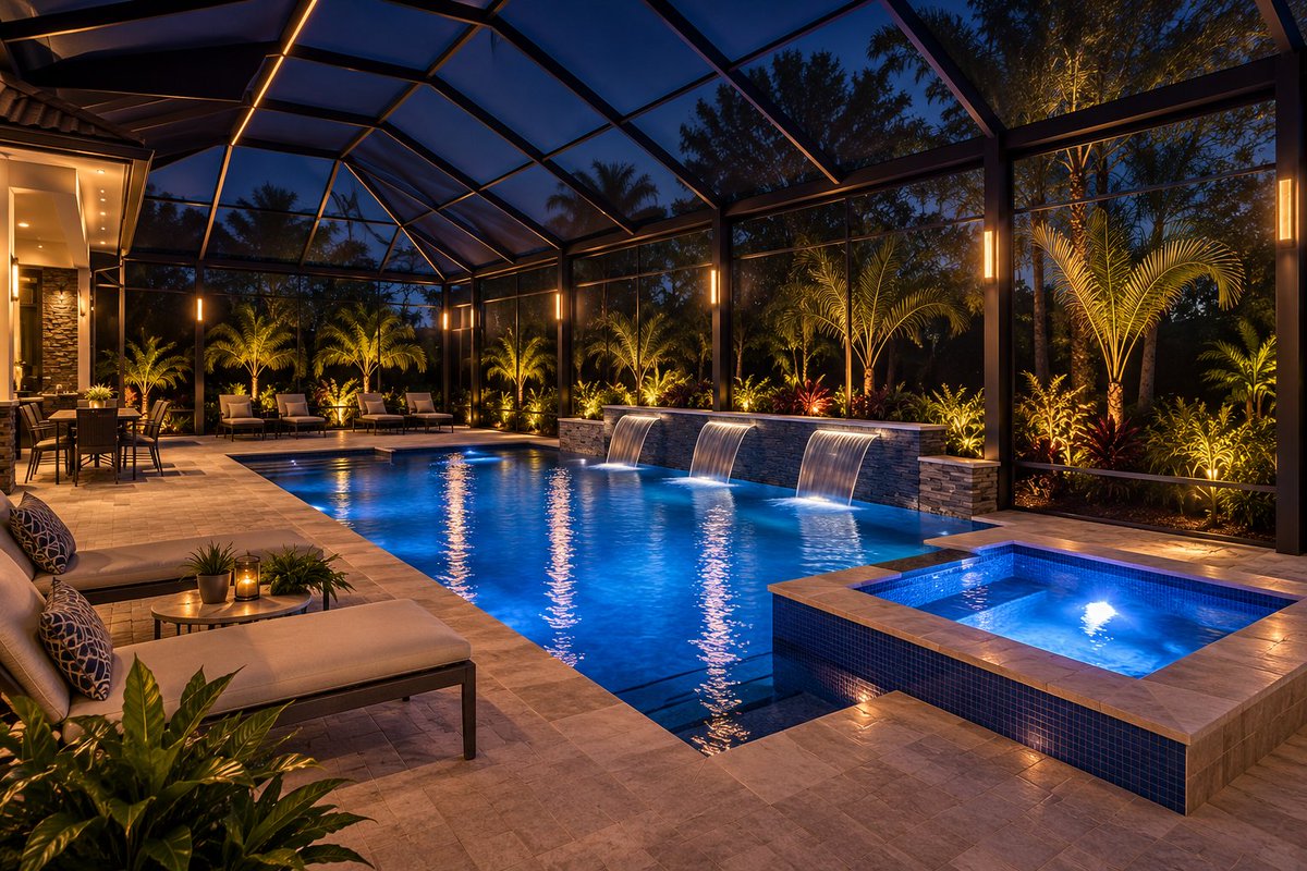 FactoryScreen's tweet photo. Your pool cage has a whole different personality after sunset. ✨Glowing water, softly lit palms, and subtle accents can turn an ordinary pool area into a private Florida https://t.co/Lo1WZO9PSL’s not more light. It’s better light.

https://t.co/7FMTVvm9rS https://t.co/BhzdcTGDV8