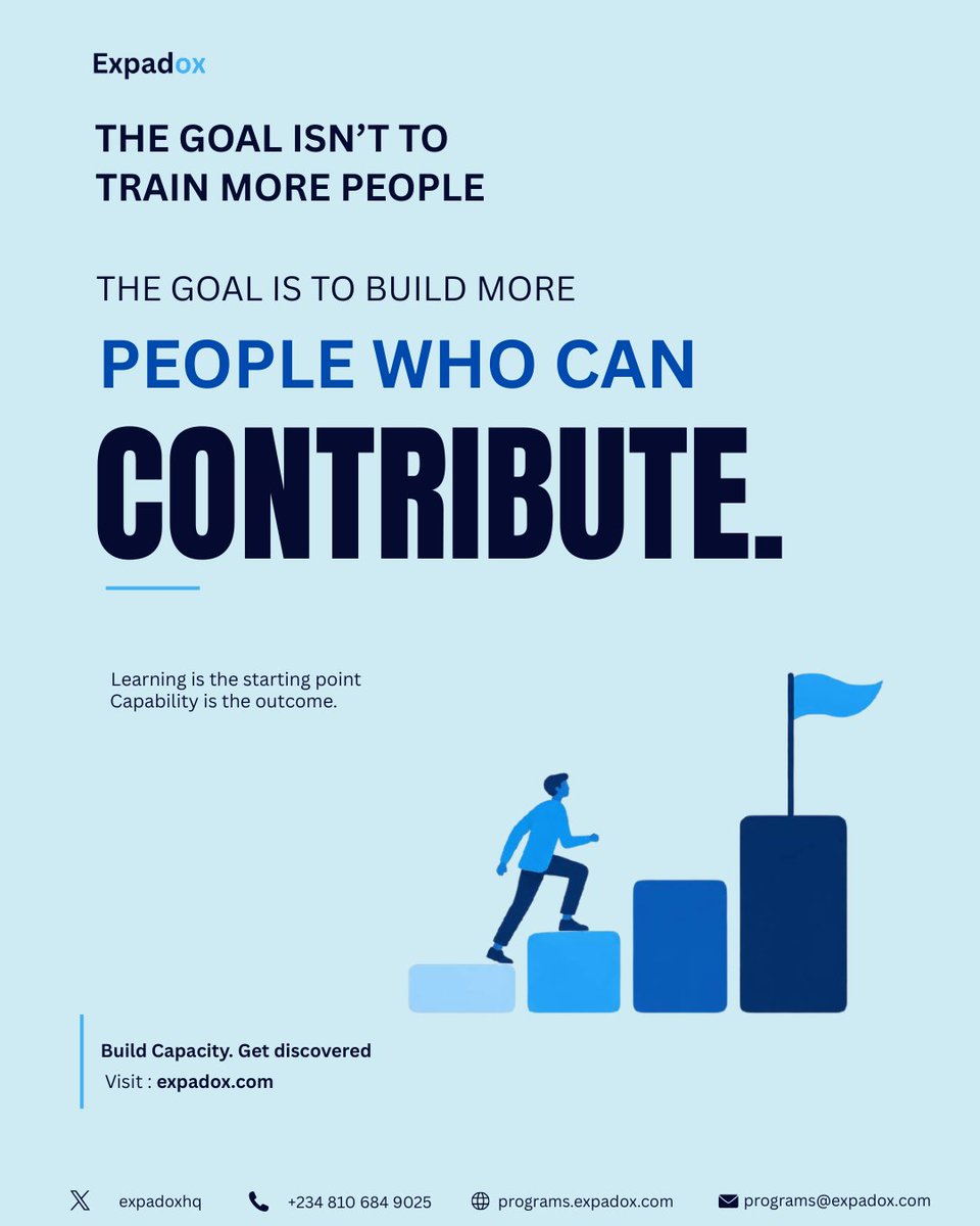 expadoxhq's tweet photo. The goal isn’t to train more people. It’s to build more people who can contribute.

Learning is the starting point. Capability is the outcome.

Learn → Build → Demonstrate → Contribute → Get Discovered.

Build capacity. Get discovered.

#Expadox #TechTalent #FutureOfWork https://t.co/qzsXuveyYk
