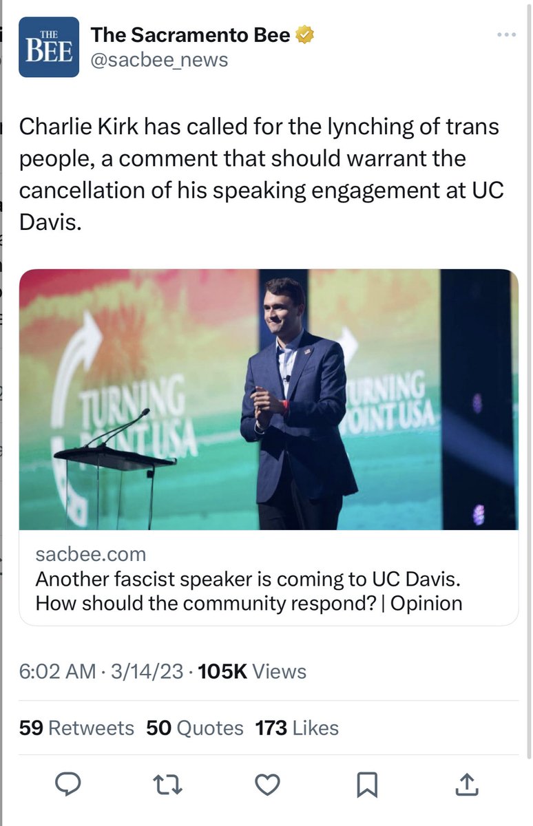 Cernovich's tweet photo. A 2023 headline (lie) about Charlie Kirk. Many are complicit in his murder. https://t.co/aEtb57XCTP