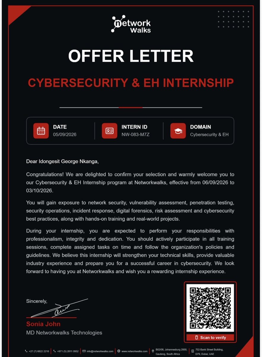 idonggeorge's tweet photo. Two-in-one again! 🥳💃🏾💃🏾
Completed one, started another!

I’m ready for all it takes to growth in this field!😌
So help me God!

#cybersecurity#internship#networkwalks#growth https://t.co/T0JcVX6BcY