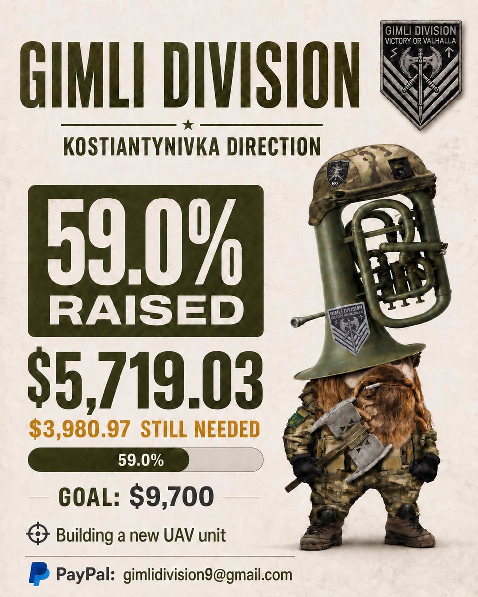 tanyawoz4's tweet photo. The map tells the story: Kostiantynivka stands between relentless enemy pressure & the cities of Druzhkivka, Kramatorsk & Sloviansk.

Commander Serhii “Gimli” Kashyrin, @GimliDivision & his defenders are holding the southern anchor of Ukraine’s fortress belt. Their position matters far beyond one point on a map…what they defend here helps shield the entire line stretching north.

Their UAV division is expanding under wartime conditions & its teams need dependable power, communications & navigation equipment.

Already delivered & fully reported:

✅ Five Starlinks
✅ Six Kropyva tablets

The remaining mission is to equip them with EcoFlows & generators.

Today on day 54 of this urgent collection another $10 moved us forward. 🙏♥️

🎯 $5,719.03 raised
🆘 $3,980.97 still needed

These defenders remain at Kostiantynivka. We must remain behind them.

PayPal: Gimlidivision9@gmail.com

Two raffles & all the thank-you prizes are in the thread below. 🧵⚔️🇺🇦