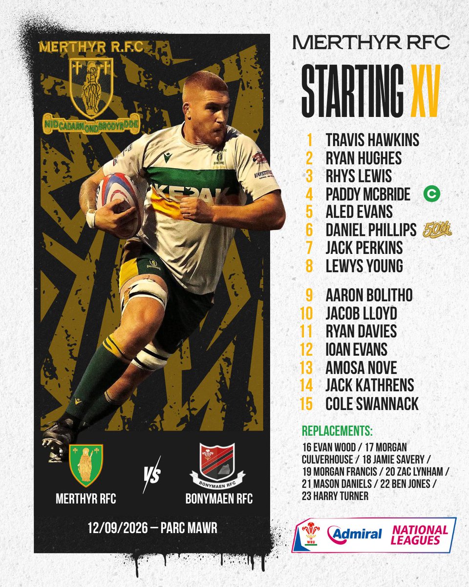 RFCMerthyr's tweet photo. YOUR IRONMEN FOR SATURDAY

The 2026/27 campaign begins as Merthyr travel to Bonymaen RFC.

©️ Paddy McBride captains the side
👏 50th Ironmen appearance for Daniel Phillips
📅 12 Sept
📍 Parc Mawr

Let's get behind the boys! 💚💛
#MerthyrRFC #Ironmen https://t.co/8qbBir5cXP