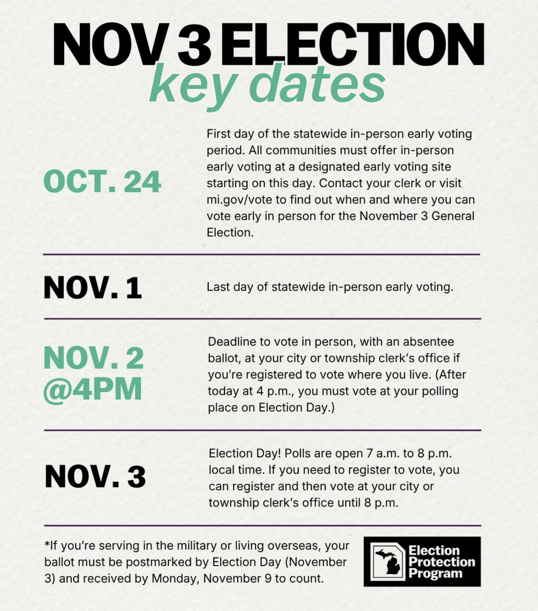 dmclansing's tweet photo. Don't wait until the last minute! Mark your calendar with these key dates for the November 3 General Election and start making your plan to vote on or before November 3rd today. Every vote counts. https://t.co/u0O24uG79G