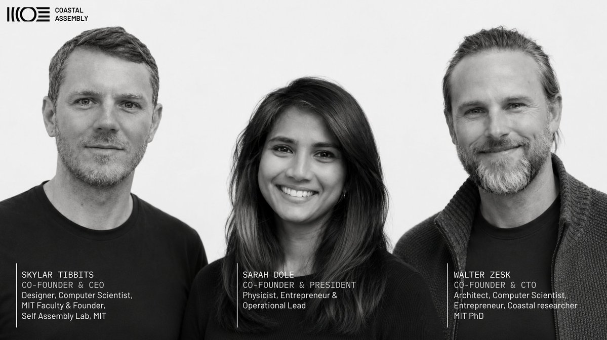 CoastalAssembly's tweet photo. We realized we haven't formally introduced ourselves. We're Coastal Assembly, a team founded by three of us, each with a different entry point into the same question: how can we regrow coastlines around the world?

Skylar Tibbits, Co-Founder & CEO. A designer and computer scientist, MIT faculty who founded the Self-Assembly Lab. His lab started running  tank experiments, simulations and deploying structures in the Maldives, long before there was a company attached to them, research that's still the foundation the team builds on today.

Sarah Dole, Co-Founder & President. A physicist and entrepreneur who came in with her own founder experience already behind her, she now leads commercial strategy at Coastal Assembly, everything from partnerships to figuring out how this business actually grows.

Walt Zesk, Co-Founder & CTO. An architect, computer scientist, and coastal researcher with a PhD from MIT, he spearheaded the technology behind the intelligence platform, modeling and optimization of the reef structures that coastlines and build marine habitats.

More from each of them soon as well as the rest of the amazing team we are building full of designers, fabricators, deployment engineers, roboticists, marine biologists, computer scientists, commercial and government sector leads etc.