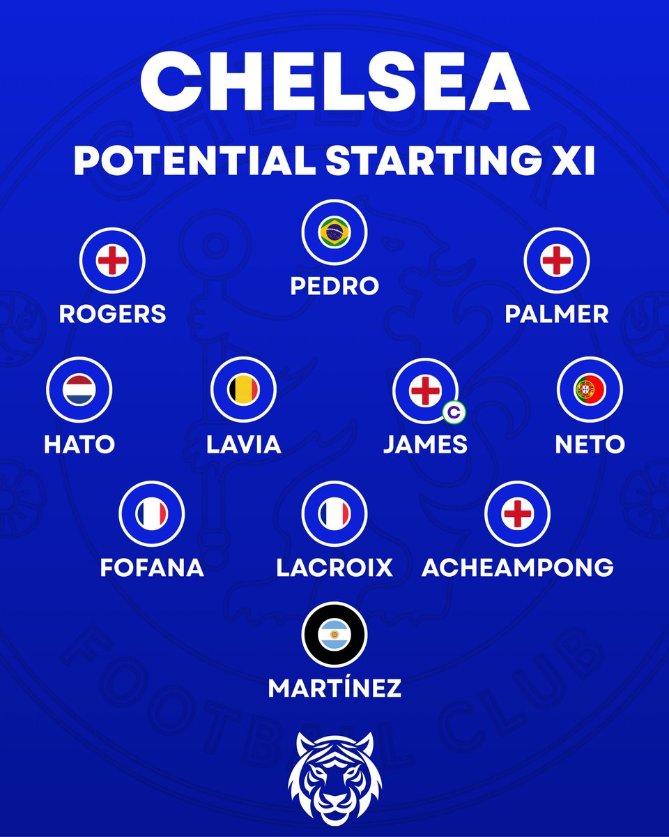 tigerscribe_'s tweet photo. Chelsea's Potential Lineup 🔵👀

➖️ Same side that started their 2-1 away defeat to Arsenal

💪🏻 Captain Reece James fills in again in midfield

🔥 That Rogers, Pedro, Palmer front three

What do you think? Will Alonso make any alterations?🤔

Comment below 🐅

#hcafc #chelseafc https://t.co/Vuy3YFRrja