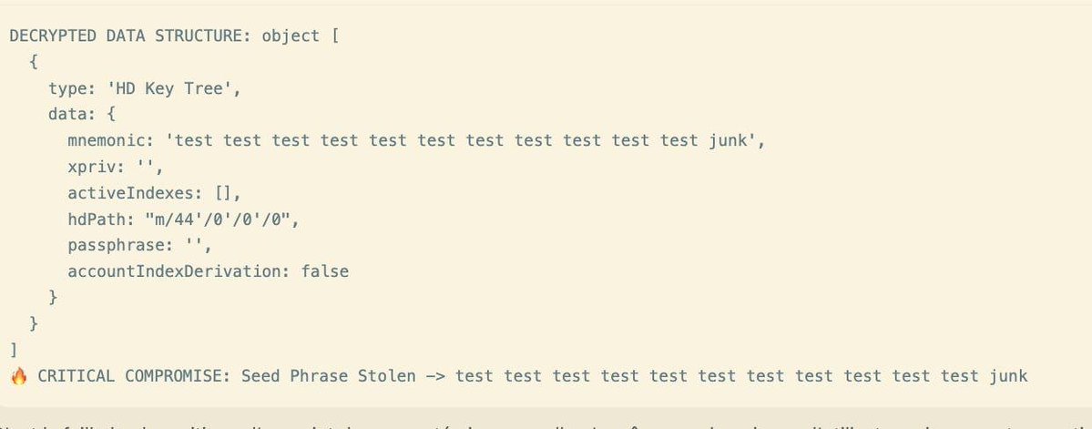 laz1m0v's tweet photo. A fully decrypted HD Key Tree.
A plaintext mnemonic.
Top Bitcoin wallet. Still called a "vault".

No vendor name. If your keyring serializes the seed in plaintext, it's yours tonight.

Stop building on broken-by-design foundations.
Fund a real Bitcoin bug bounty — or keep bleeding users.

@adam3us definitions won't patch this.
Security@ is not a security program.