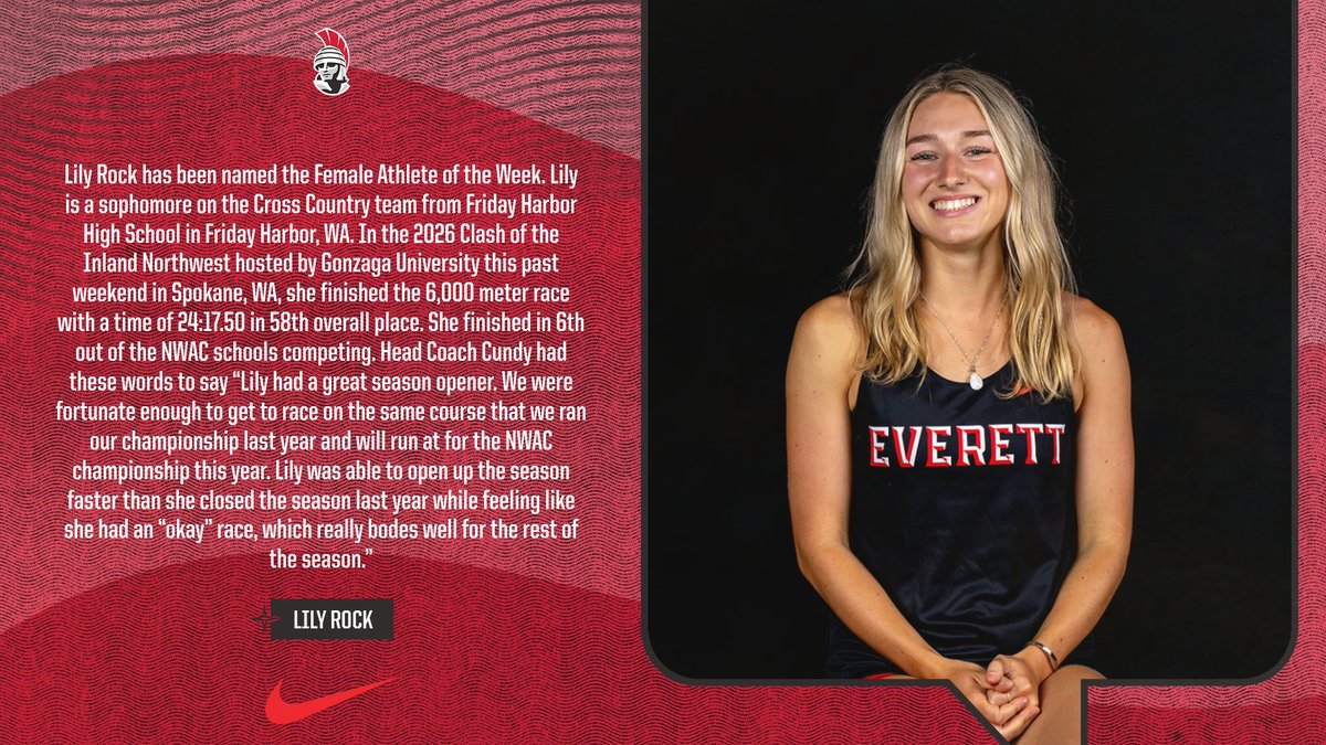 EvCC_Trojans's tweet photo. Female Athlete of the Week - Lily Rock! 🏃‍♀️
Her incredible 6,000 meter performance at the Clash of the Inland Northwest shows what hard work can achieve! Great performance from week 4. Let's keep pushing forward, Lily! 

 #TrojanNation #EmbraceTheGrind https://t.co/GPTKnvD0vA