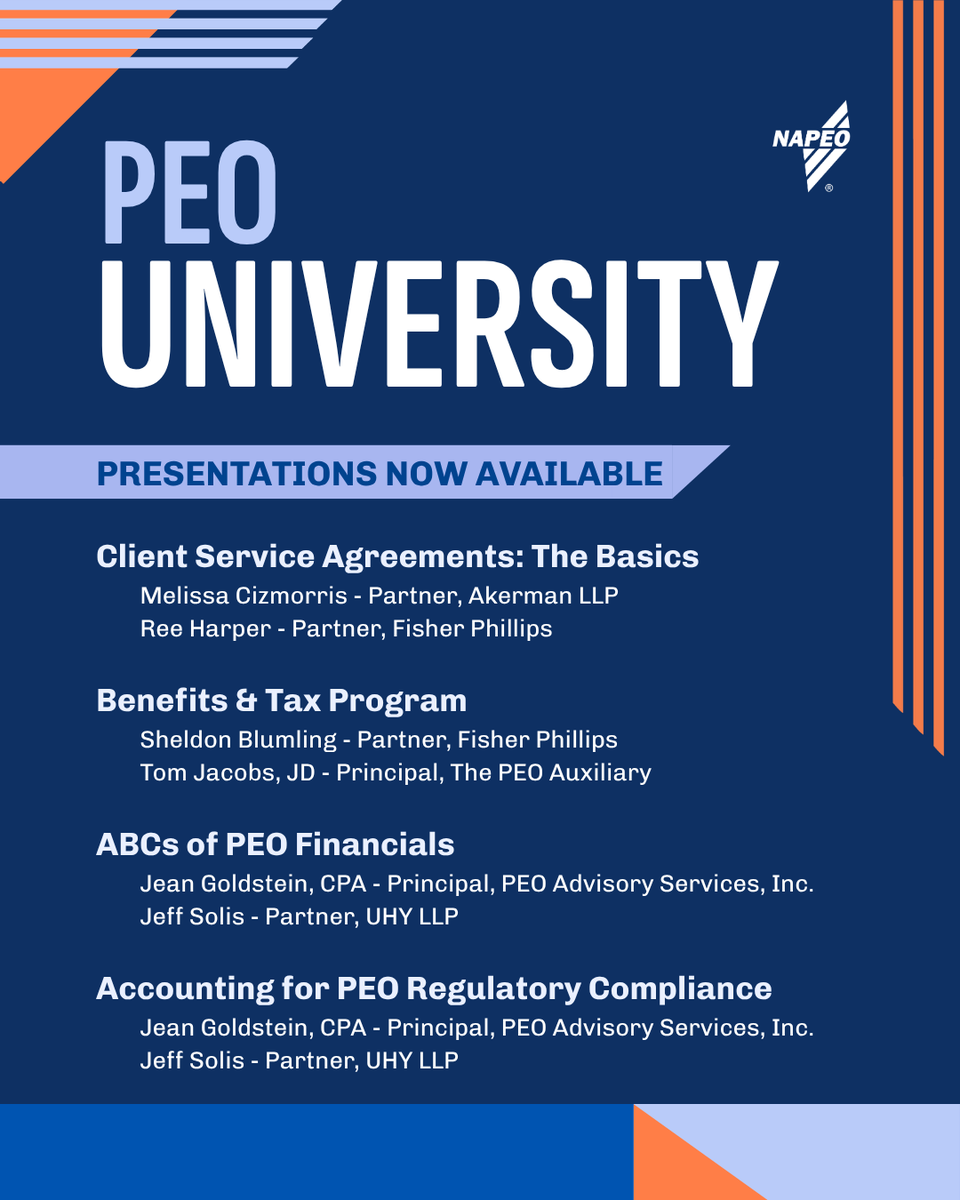 NAPEO's tweet photo. Whether you’re new to the PEO industry, exploring a different area of PEO operations or looking for a refresher, NAPEO’s PEO University can help you build your industry knowledge. 

PEO University is a growing virtual library of educational resources covering the fundamental concepts, functions and issues that shape the PEO business. Presentations are led by experienced PEO professionals and subject matter experts who bring firsthand experience and industry perspectives to each topic. 

The first set of presentations is now available. Explore PEO University: https://t.co/gYhmUWNrzo