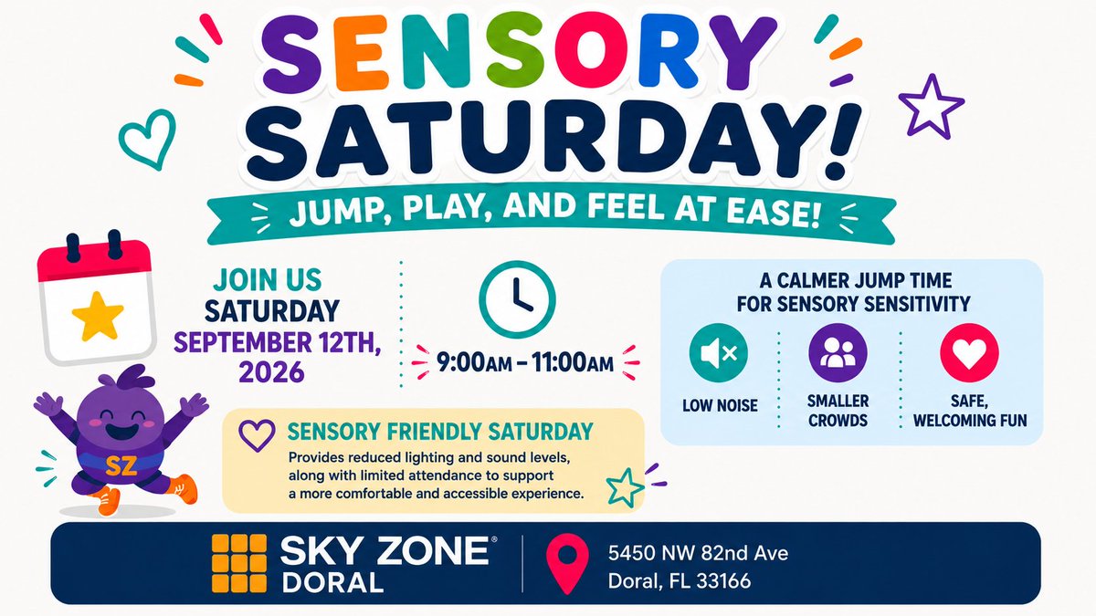 SkyZoneMIAMI's tweet photo. 💙 **SENSORY SATURDAY IS COMING TO SKY ZONE DORAL!** 💙

We believe **everyone deserves the opportunity to play!** Join us for a special Sensory Saturday designed to provide a calmer, more comfortable Sky Zone experience for guests with sensory sensitivities.

📅 **Saturday,... https://t.co/LArAnAn2mH