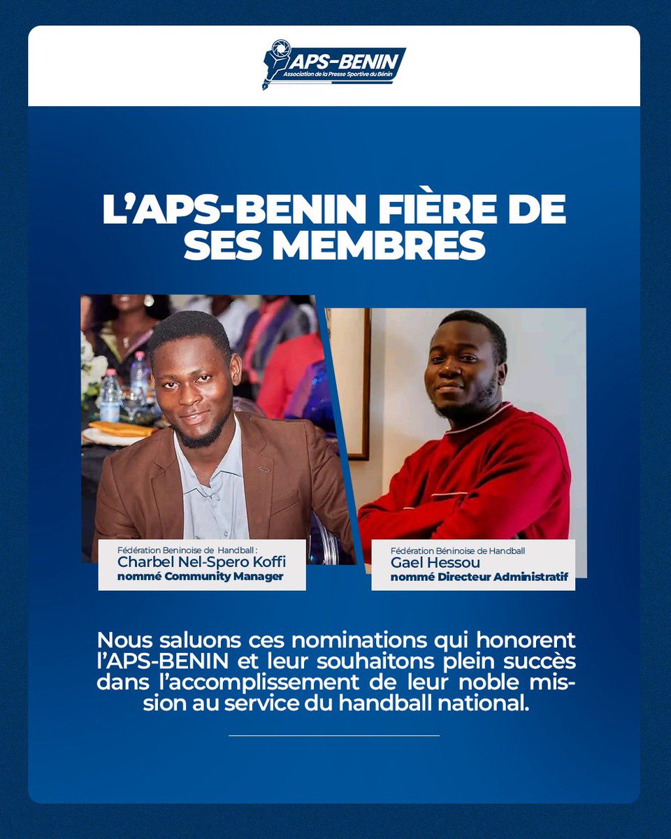 aps_benin's tweet photo. Nomination au poste de Directeur administratif et de Community Manager de la Fédération Béninoise de Handball de deux membres de l’APS-Bénin. 

#APSBénin #PresseSportive #Bénin #FeBeHand  #JournalismeSportif #SportBéninois https://t.co/MGLwiRS2oJ