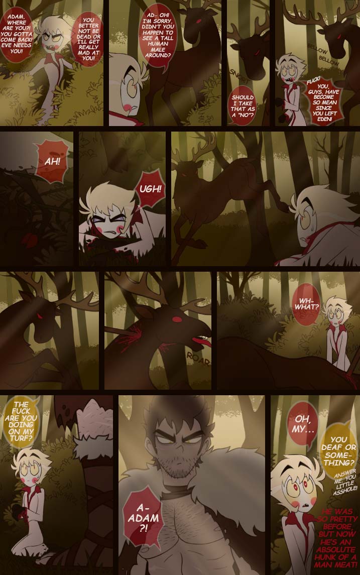Ka100980129's tweet photo. A short comic that I talked about with @Emmitsu_Art. It's based on an apocrypha in which the Devil returns to Earth while Adam and Eve separated for a while. Luci tries to make peace between them, but things get complicated...
#adamsapple #LuciferHazbinHotel #AdamHazbinHotel https://t.co/aWMFUfcqDW
