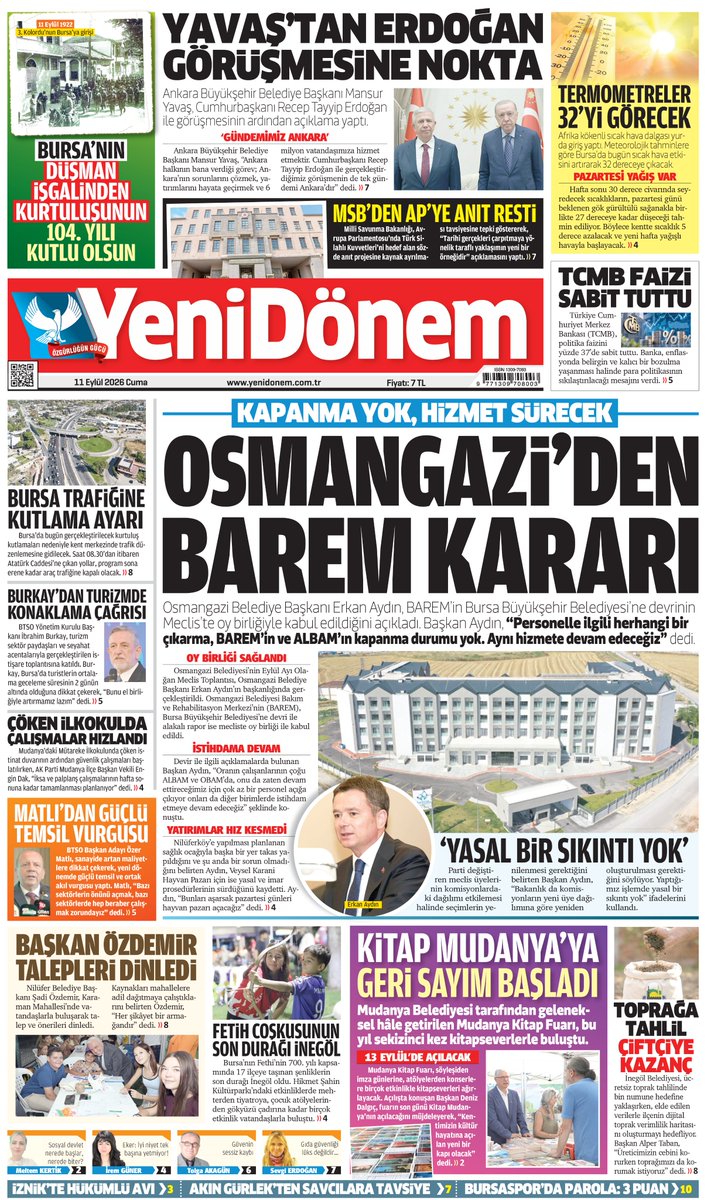 burhankaya3's tweet photo. 11 EYLÜL 2026
YENİDÖNEM GAZETESİ
https://t.co/YXhTvNUypH
@OsmangaziBLD @MudanyaBel @BursaTSO @OzerMatl  @inegolbld @bursabuyuksehir https://t.co/b5DdIoawha