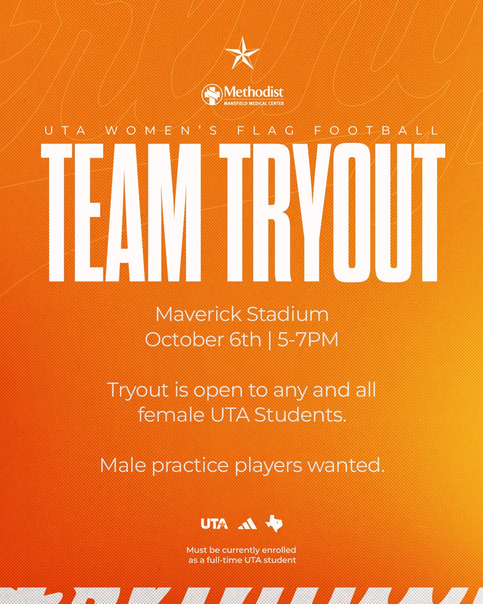 UTAMavsFlagFB's tweet photo. 📣 Calling all female students and interested male practice players! 

See y’all on Oct. 6 at Maverick Stadium!

#BuckEm🐎 | #MethodistMansfield https://t.co/WYWlBDC0Qp