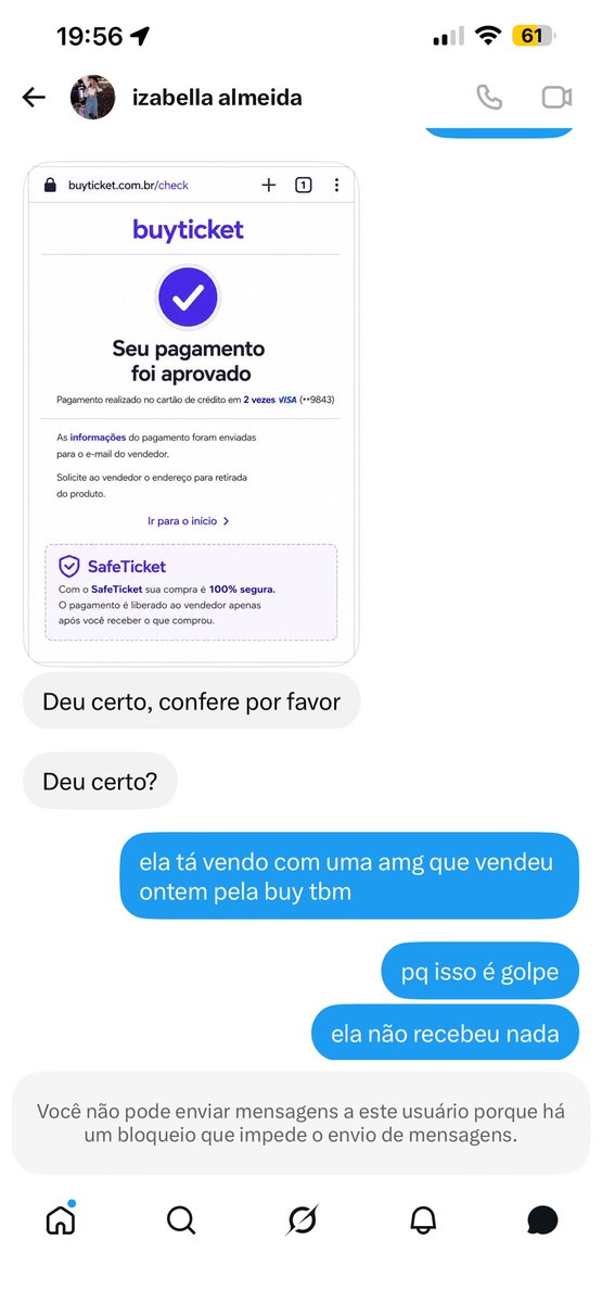 ndftwd's tweet photo. essa desgraçada GOLPISTA @izabellaalwo aqui queria comprar ingresso da demi, fez questão de ser pela buyticket pra tentar passar GOLPE em quem tá vendendo, tomem cuidado com essa piranha ela achou que eu não fosse me ligar que e golpe e me bloqueou, tomem cuidado 🚨 https://t.co/eIAJZMqBVz