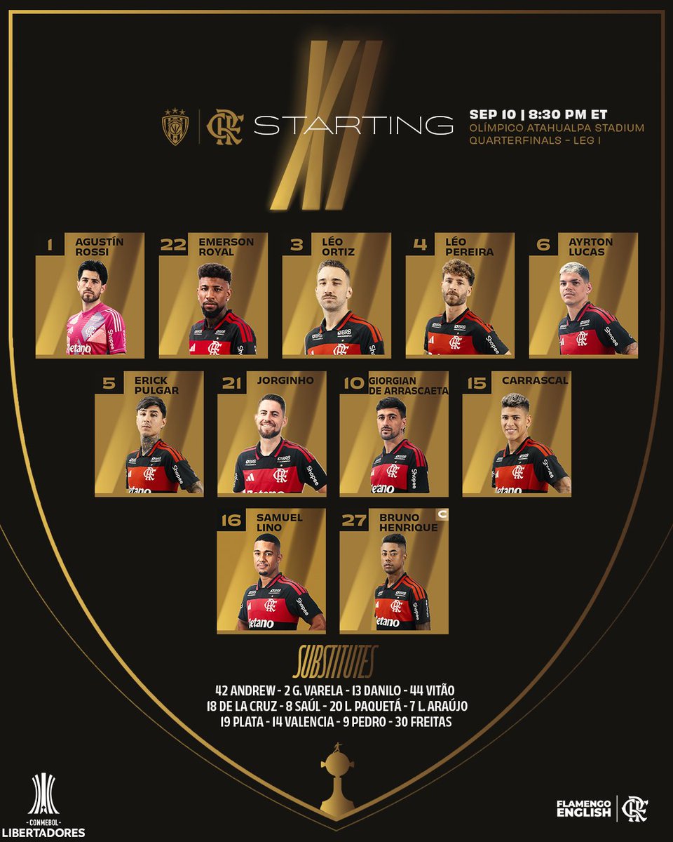 Flamengo_en's tweet photo. 🚨 STARTING XI AGAINST IND. DEL VALLE 🚨 https://t.co/QfQDZwxUPy