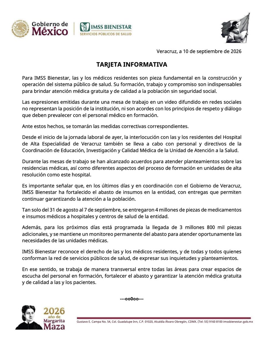 IMSS_Bienestar's tweet photo. 🩺 En IMSS Bienestar reconocemos la importancia de las y los médicos residentes en la formación y fortalecimiento de los #ServiciosPúblicosDeSalud.

Ante los hechos recientes, reafirmamos nuestro compromiso con el respeto, el diálogo y la escucha del personal médico en formación, así como con la atención de sus planteamientos.

A través del trabajo coordinado entre las distintas áreas, continuamos generando espacios de interlocución, atendiendo los temas relacionados con las residencias médicas y fortaleciendo las condiciones necesarias para garantizar la formación y la atención médica gratuita y de calidad.