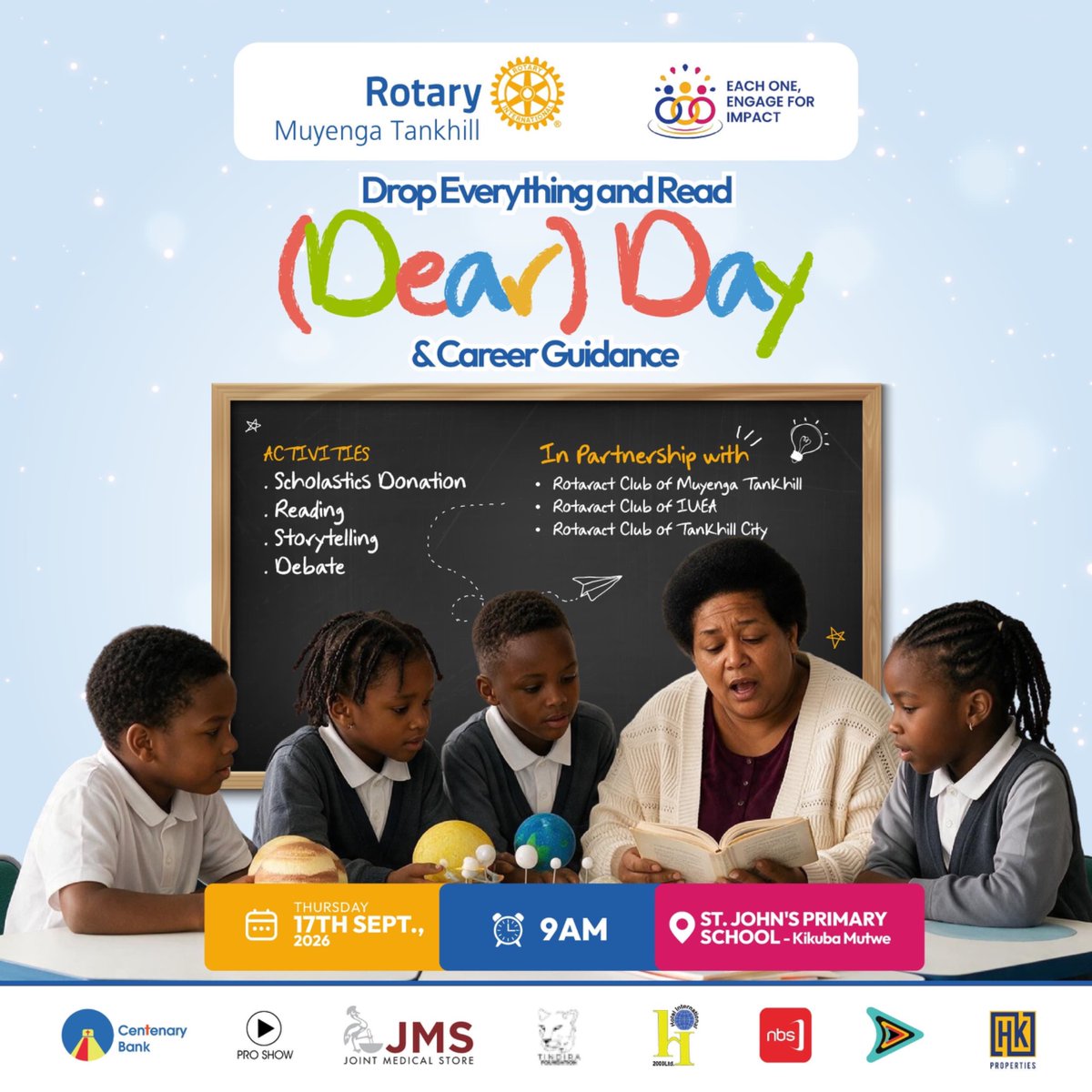 RAC_Tankhill's tweet photo. 📚 D.E.A.R Day — Drop Everything And Read!

Join us as we inspire young minds through books, stories &amp; debates. 🌟

📅 17 Sept | 🕗 8AM
📍 St. John’s Primary, Kikuba Mutwe

#DEARDay #TheTankhillers #Rotaract https://t.co/GRmQp06fyY