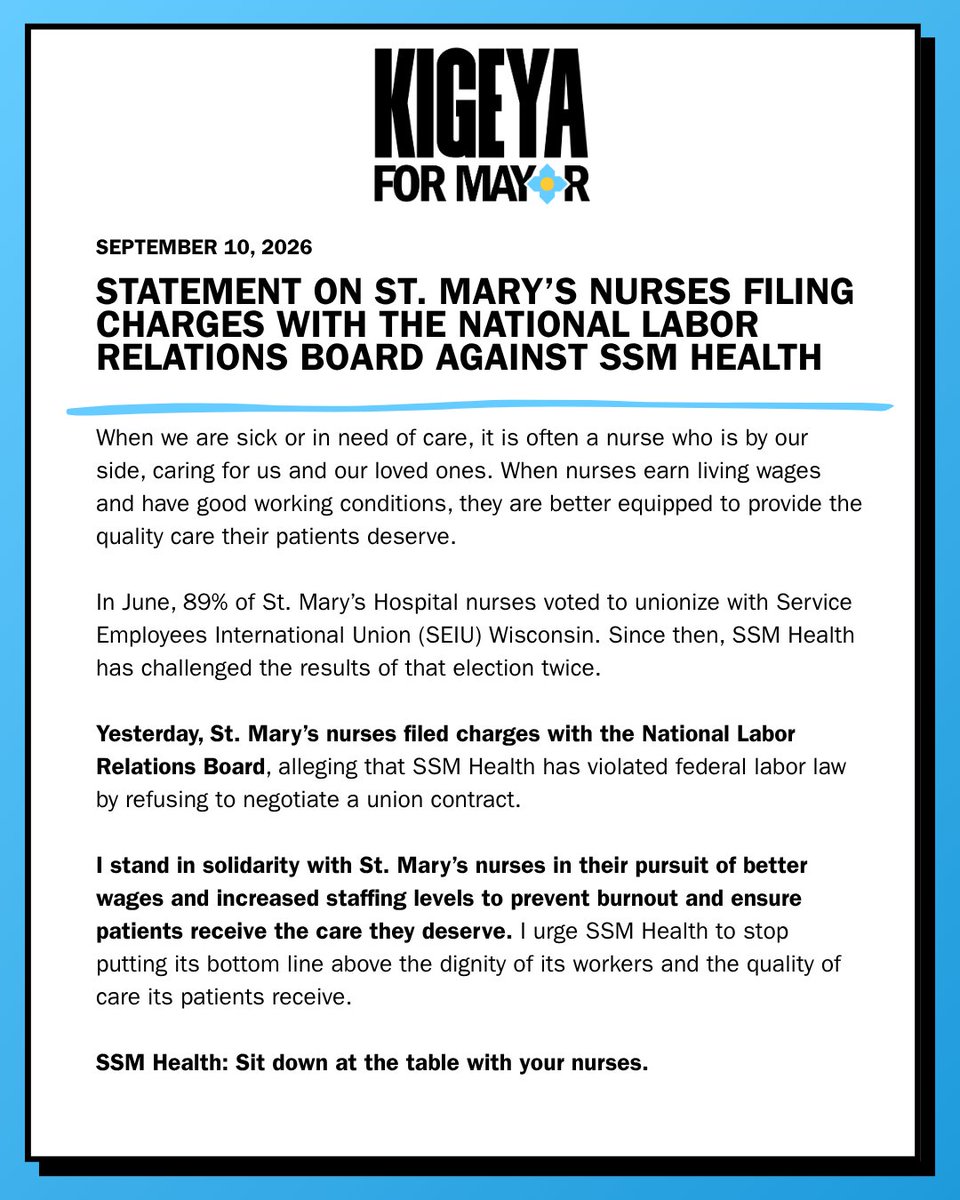 KigeyaForMayor's tweet photo. I am in solidarity with St. Mary's nurses in their fight to form a union. https://t.co/wK9J4WnhHX