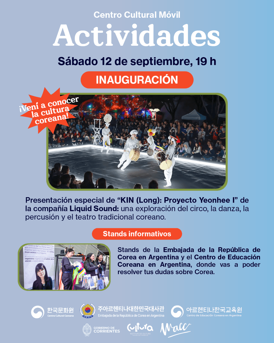 CCCoreanoArg's tweet photo. 🎭 El sábado 12 a las 19 h recibimos a la compañía coreana Liquid Sound con una increíble performance envolvente.

📍 Te esperamos en el Museo de Arte Contemporáneo de Corrientes (9 de julio 1098, Corrientes Capital) para vivir de cerca la cultura coreana.

🎟️ Entrada gratuita https://t.co/qPqqsGhTEw