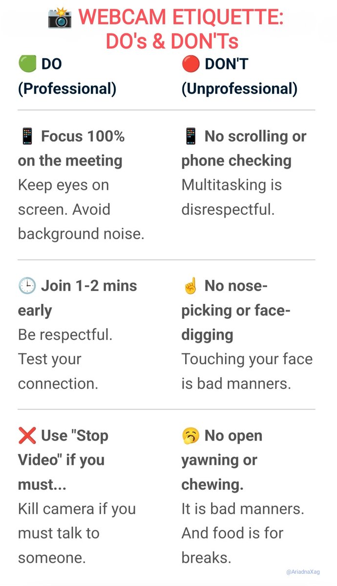 AriadnaXag's tweet photo. Just an observation from constantly hosting and attending countless virtual meetings: it’s wild how even adults forget they’re on camera, still. 📸
Anyway, here’s my quick, no-nonsense guide to keep calls professional 👇
Have you seen this too?

#Etiquette #Meetings https://t.co/5NOWvKAkeT