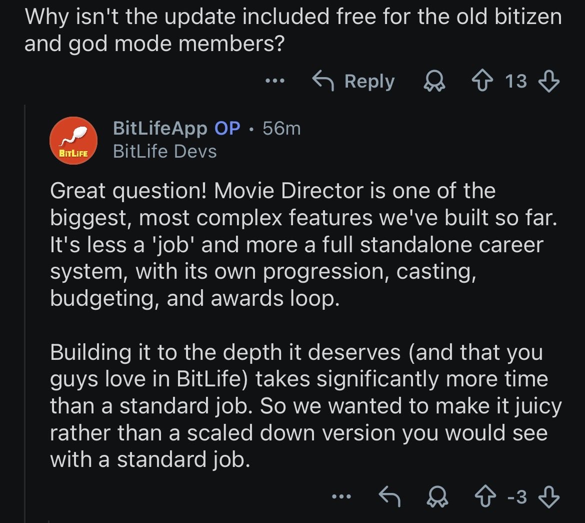 hutchgrl's tweet photo. @BitLifeApp Whelp, it’s intentional. They admitted on Reddit that charging even grandfathered bitizens is their game plan here. This is insane. https://t.co/ZhKq6Q07jM