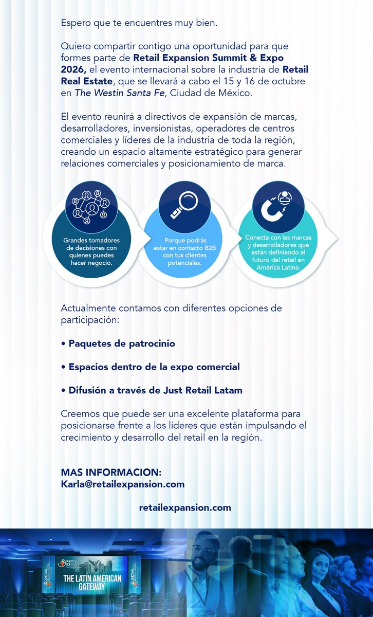 AMEFIBRA's tweet photo. El Retail Expansion Summit &amp; Expo 2026 está por llegar. 🌎

200+ líderes del sector en un mismo espacio.

15 y 16 de octubre | The Westin Santa Fe, CDMX.

#RetailExpansion #AMEFIBRA #FIBRAs https://t.co/mQyJan3tVx
