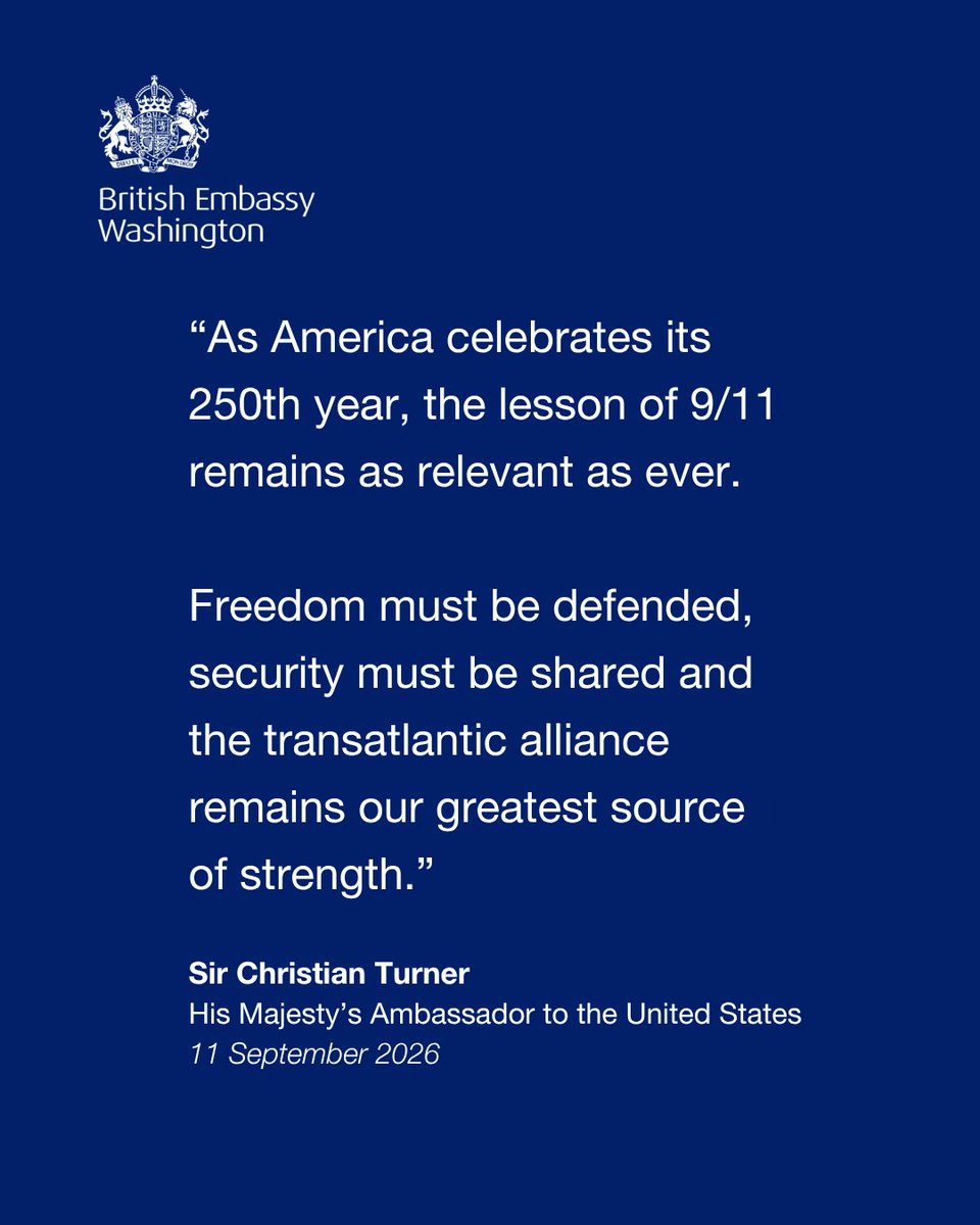 UKinUSA's tweet photo. We will never forget. Ambassador @CTurnerFCDO reflects on the tragedy of 9/11, and the cooperation between the UK and U.S. in its aftermath, that have shaped the last 25 years. #NeverForget911 https://t.co/cp4XbQg4aw @thehill https://t.co/rraFjVbMFy