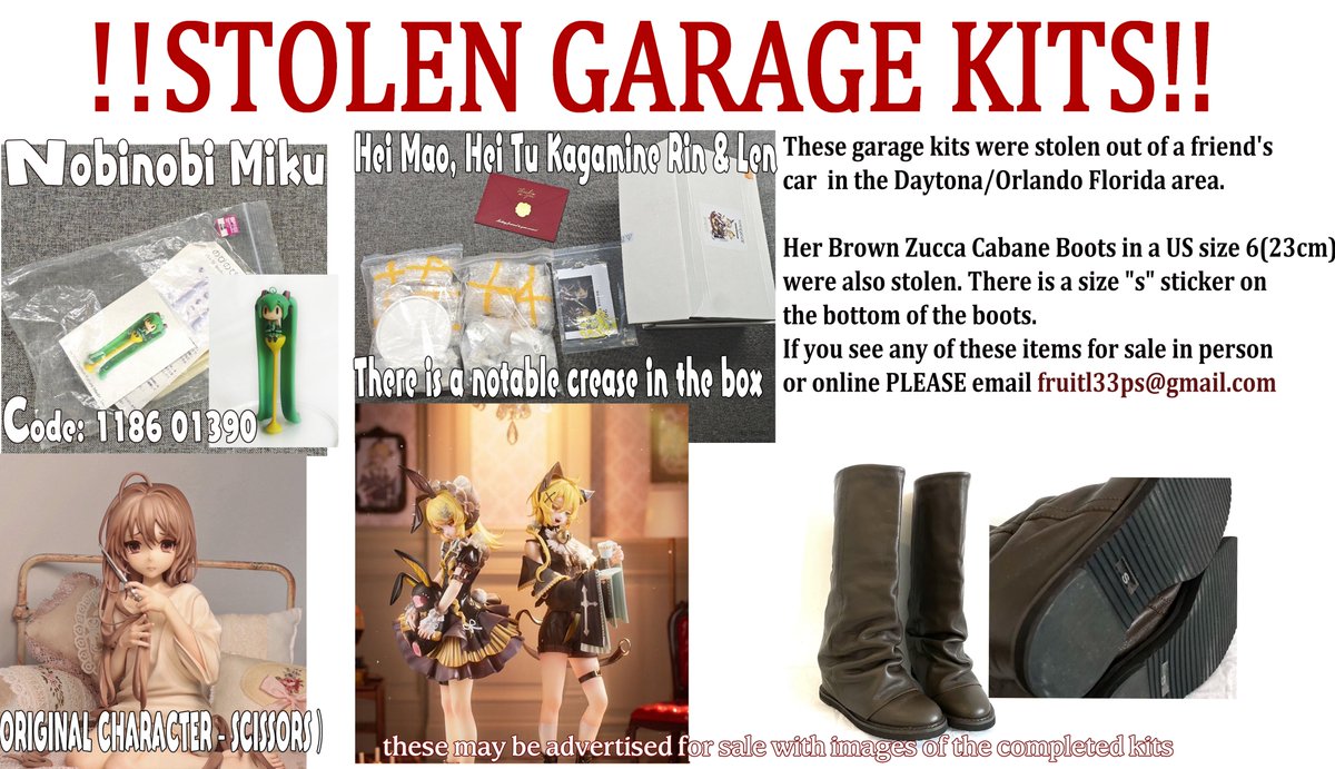nishikioriii's tweet photo. !! Attention, a friend of mine had her car robbed and some of her garage kits were stolen. This happened in the Orlando/Daytona area 

If you see ANY of these kits for sale anywhere(in person or online) please email her or reply to this tweet. RTs are very appreciated. Thank you! https://t.co/r6CbOCJi0o