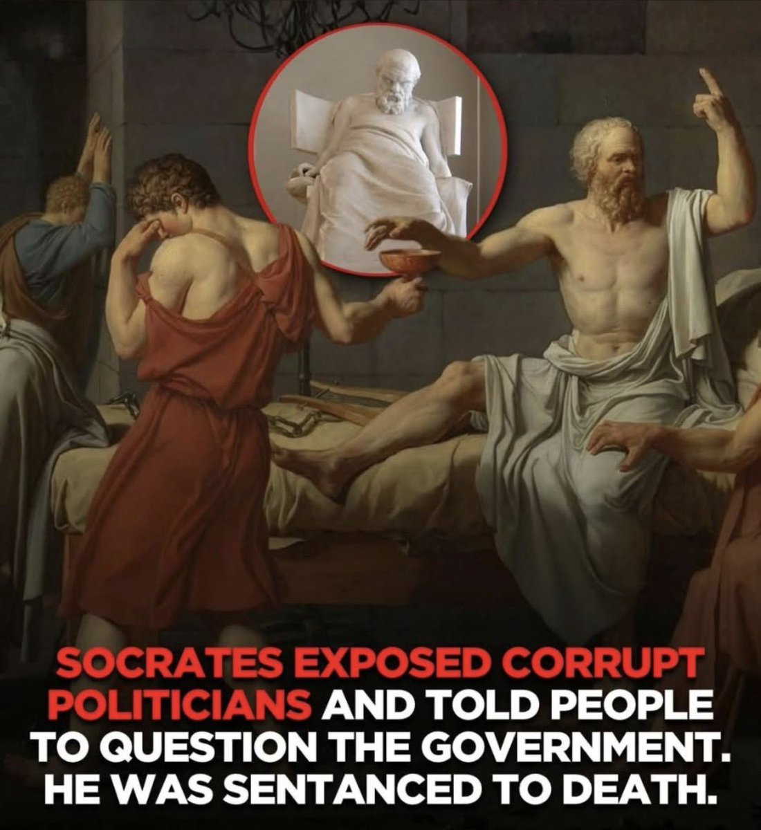 Anon7127's tweet photo. They didn’t kill Socrates for being “wrong.”
They killed him for being uncontrollable.
He didn’t start a riot.
He didn’t seize power.
He didn’t even write a manifesto.
He just asked questions the powerful couldn’t answer without looking small.
So they called it impiety.
Corrupting the youth.
A threat to the state.
The charge always changes.
The motive never does.
Today the hemlock is a smear, a ban, a “fact-check,” a sudden career death.
Same ritual. 
New costume.
Every generation is told the same lie:
“This time the authorities are the good guys. 
This time the questions are dangerous.”
They weren’t then.
They aren’t now.
The man pointing at the cup in that painting isn’t a relic.
He’s a warning.
Power does not fear ignorance.
It fears the moment people stop taking its word for anything.
Question the story.
Especially the one that tells you not to question it.
Wake up.​​​​​​​​​​​​​​​​​​​​​​​​​​​​​​​​​​​​​​​​​​​​​​​​​​🫡🇬🇧