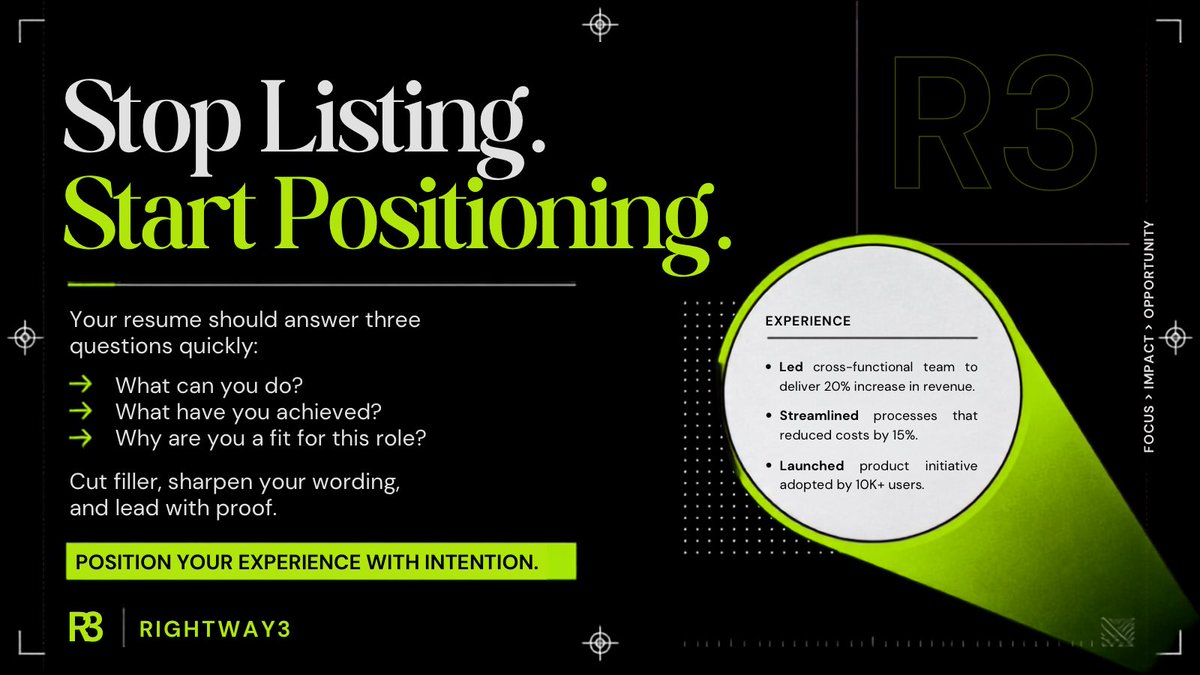 rw3employment's tweet photo. Stop listing. Start positioning. Show employers what you can do, what you’ve achieved, and why you’re the right fit. #Rightway3 #StaffordVA #WoodbridgeVA #Manassas #FredricksburgVA https://t.co/Pki6LIqyei
