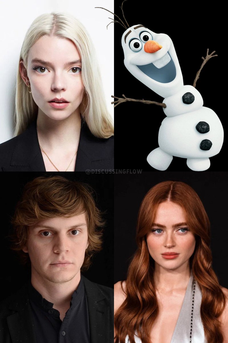 FrameCrave's tweet photo. Disney is in early development on a live-action 'FROZEN' and these are the favorite actors to be cast:

• Anya Taylor-Joy to be Elsa
• Evan Peters as Kristoff
• Sadie Sink as Anna
• Olaf is still TBD

Releasing April 16, 2029 (Anya and Sadie's birthday).

(Source: @Variety) https://t.co/QDJKJeS0Gy