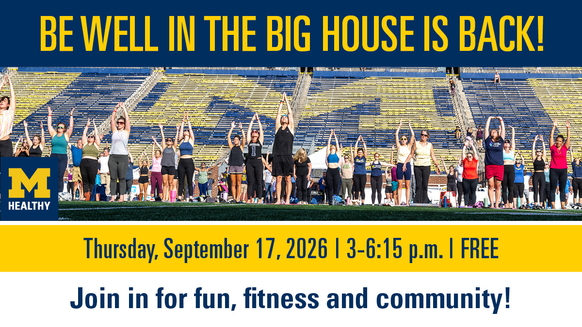 UMMHealthy's tweet photo. Be Well in the Big House is 1 week away! On 9/17, join hundreds of your colleagues and friends at Michigan Stadium for yoga, Zumba and football-inspired movement on the field. Open to faculty and staff. Reserve your spot today! https://t.co/4aehfhQV2C https://t.co/b1hJp9NavN