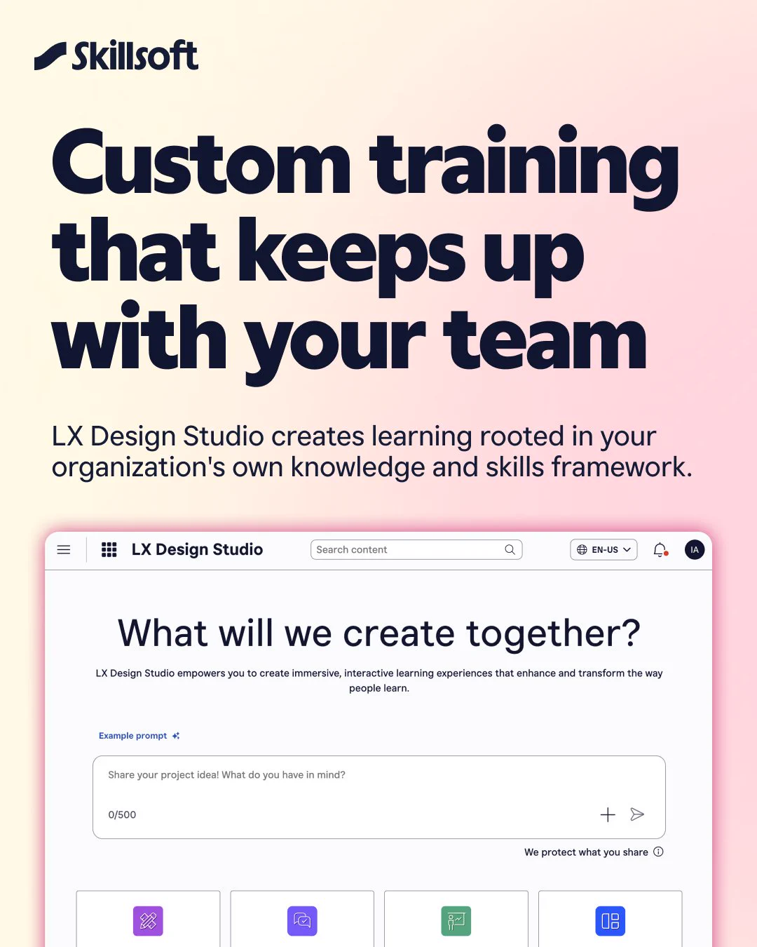Skillsoft advertisement displaying 'Custom training that keeps up with your team.' Below, a screenshot of the LX Design Studio interface is shown, featuring options to start a project.