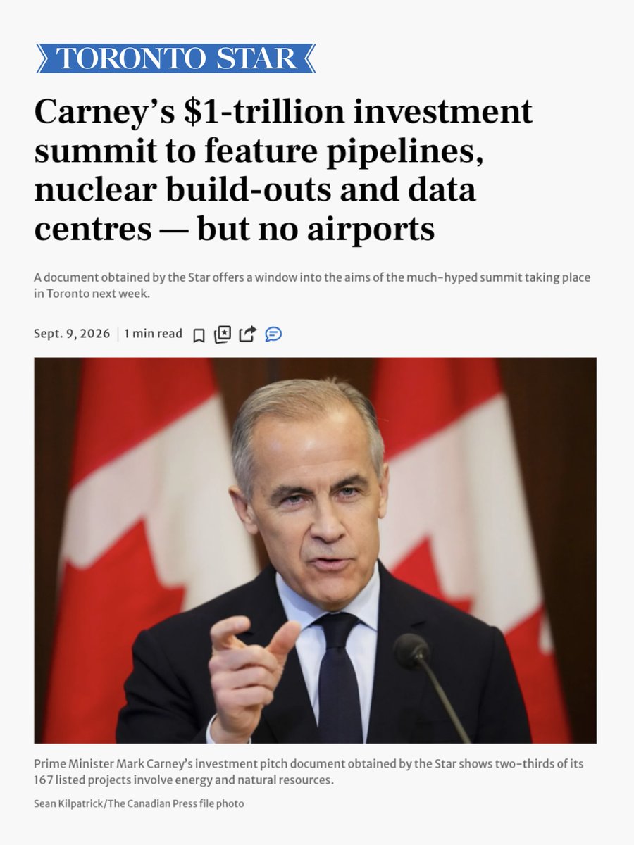 avilewis's tweet photo. Not so fast: airports may very well be on the auction block at the investment summit.

We've seen a copy of the pitch book for Carney's investor summit, and here's an interesting paragraph:

"The federal government is also exploring new models of infrastructure ownership and investment to unlock additional sources of capital, including the intention to maximize the full value and economic potential of Canada’s airports by modernizing governance and increasing capacity.

Together with the focus on export and trade diversification, the Canadian transportation sector is creating opportunities for long-term investment, modernization and asset growth."

That's a lot of words to say "airports could still be up for sale."