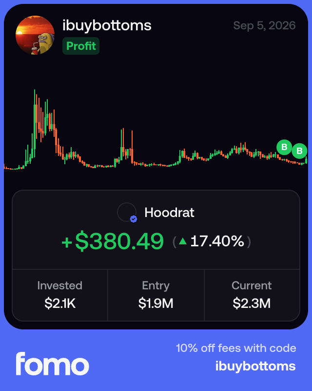 ibuybottoms's tweet photo. Update on $HOODRAT   

Entered at 2.2M MC, added more at 1.4M to average down.

It felt weird watching $HOODRAT rip at the exact same moment $JUGGERNAUT and robinhood:0x6245e67affa44a23077f0ea7f981a8dc743a0c47 got added to Robinhood asset pages. Might be nothing but it makes me feel $HOODRAT got something cooking. 

$JUGGERNAUT went 500%+ and peaked around 800% from $2.7M toward $20M+. robinhood:0x6245e67affa44a23077f0ea7f981a8dc743a0c47 ran 130–280% and hit a new ATH.

$HOODRAT is an OG Robinhood Chain meme still sitting around $2.4M. One Robinhood asset page was enough for new highs today, and i think the Rat looks like a strong next candidate.

Riding this one. Let’s see where it goes.