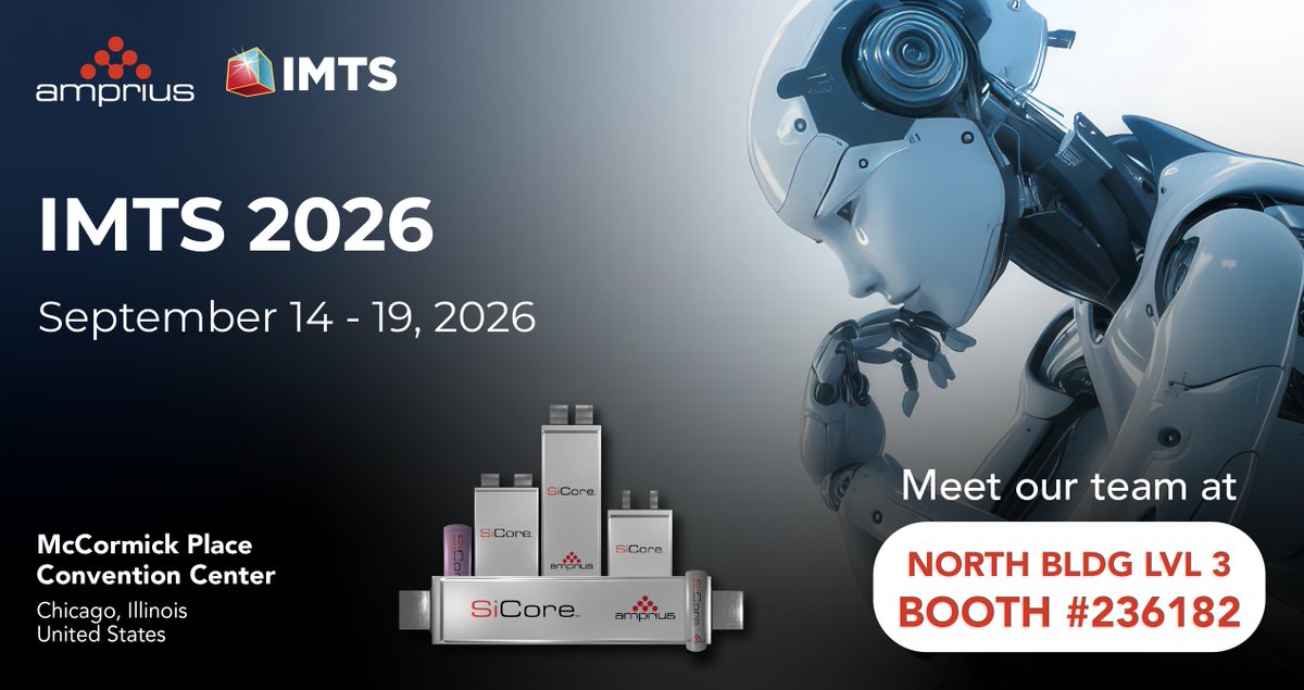 Amprius_'s tweet photo. Amprius is exhibiting next week at @IMTSchicago from September 14-19.

Meet our team and see Amprius' high #power high #energy density battery cells up close at booth 236182 in North Building Level 3.🔋

See you in Chicago!

$AMPX #IMTS2026 https://t.co/OWWQMwmCg9