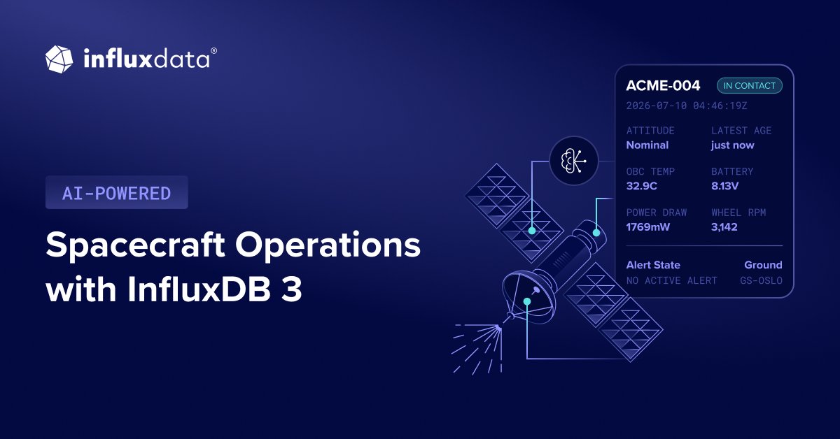 InfluxDB's tweet photo. 🛰️✨ Every second counts when you're operating satellites or other mission-critical systems.

When telemetry starts drifting toward a fault, you need more than data. You need context.

Explore how an AI-powered spacecraft operations demo built with #InfluxDB 3 uses live telemetry, event processing, and grounded AI to help operators investigate anomalies faster. 🌎🤖  https://t.co/2t3SVM7Bxz