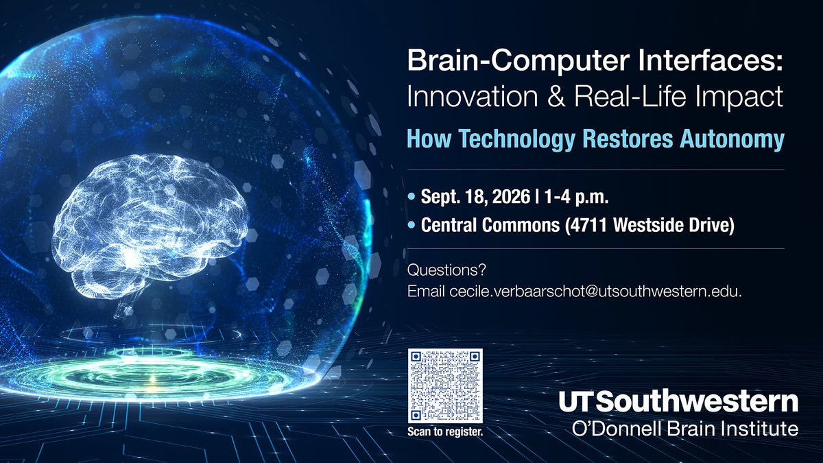 UTSWBrain's tweet photo. You can learn about brain computer interfaces, what they do, and the patients who can benefit from BCI at a presentation next Friday, Sep 18. Speakers: Dr. Cecile Verbaarschot, Dr. Nader Pouratian, Dr. Babu Welch, and #BCI users. More details and register: https://t.co/DdDW9Qrpko https://t.co/o9Y1cMPpFa