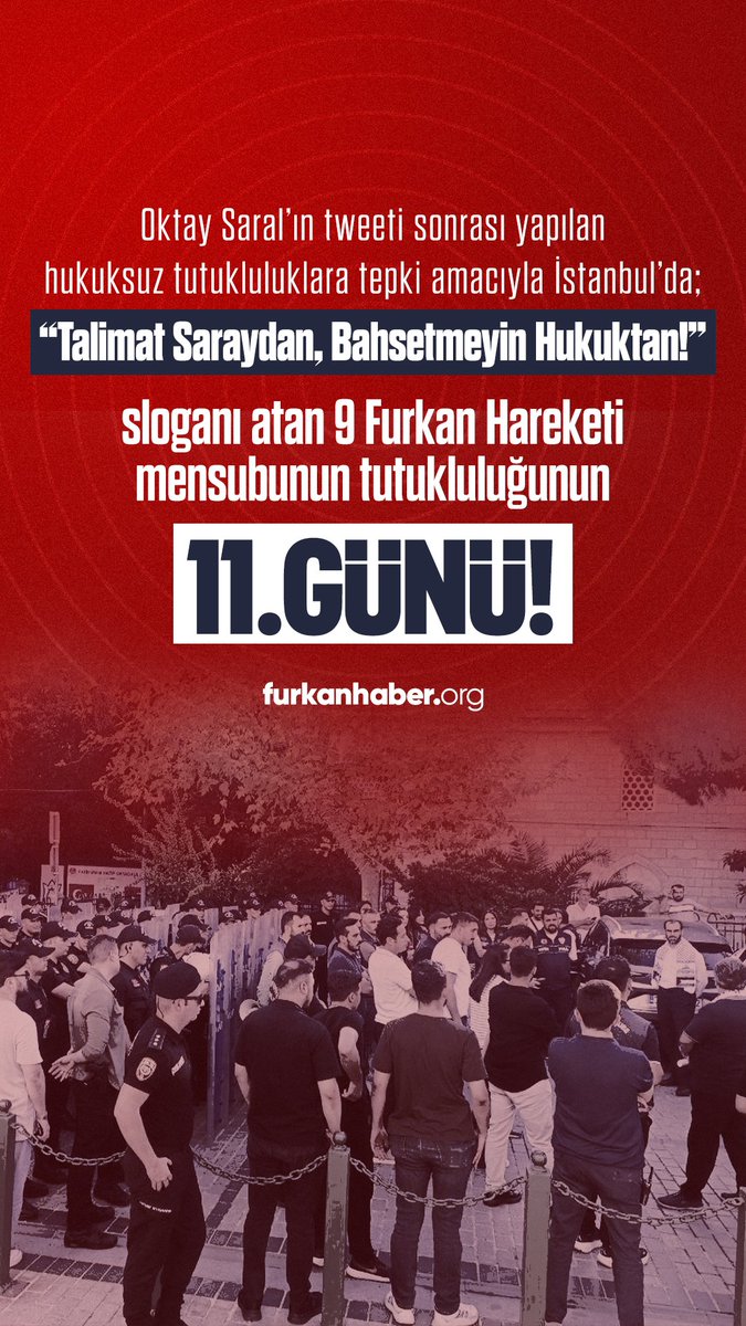 FH_Susmaz's tweet photo. Oktay Saral’ın tweeti sonrası yapılan hukuksuz tutukluluklara tepki amacıyla İstanbul’da; “Talimat Saray’dan, Bahsetmeyin Hukuktan!” sloganı atan 9 Furkan Hareketi mensubunun tutukluluğunun 11. günü!

#CübbelininGerçekYüzü
CübbelininIftiralarına Cevap https://t.co/0ZnlS6Az60