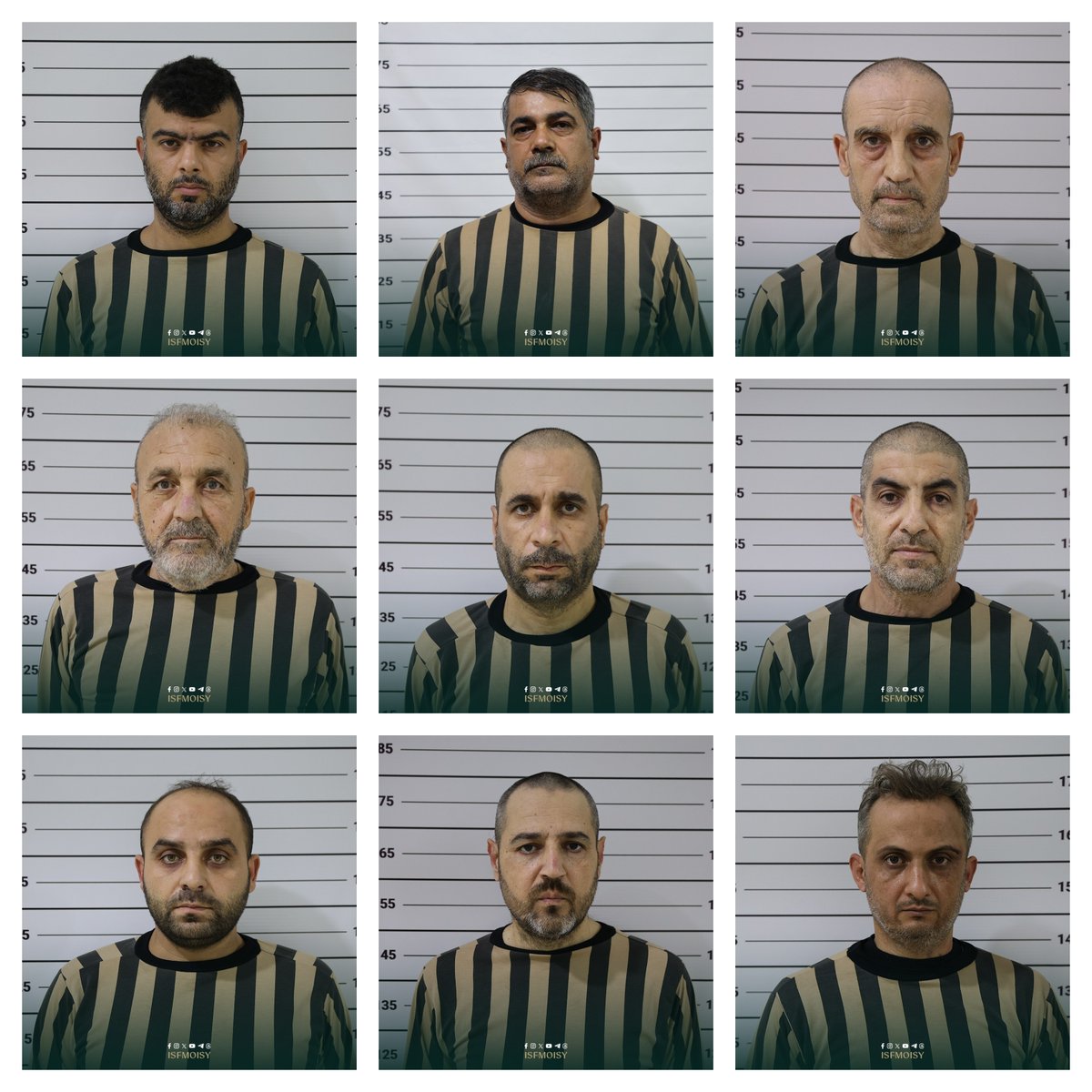 QalaatAlMudiq's tweet photo. The Interior Ministry has announced the largest-ever batch of Assad's Pilots captured in #Latakia province: no fewer than 9.

Pictured are 3 Generals, 3 Colonels, 1 Lieutenant Colonel and 2 Captains.

All committed severe war crimes, with the indiscriminate bombardment carried out on populated areas with warplanes & helicopters (barrel bombers) - attacks that caused many civilians casualties.