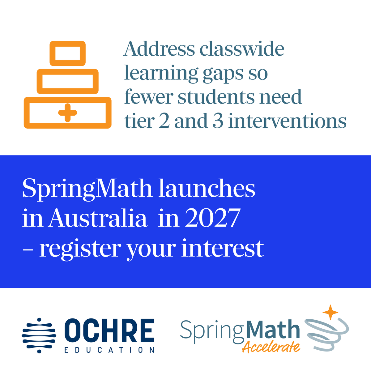 ImpCurriculum's tweet photo. SpringMath is a comprehensive mathematics MTSS (multi-tiered system of support) solution: universal screening, targeted classwide intervention, progress monitoring, and individual intervention working together to support teachers in closing persistent maths gaps.

Screening, tailored teaching materials and progress monitoring all sit in the one system so classwide learning gaps can be addressed quickly and fewer students need costly Tier 2 and Tier 3 services.

Response to intervention is calculated weekly based on students' daily practice, which serves as built-in progress monitoring.

SpringMath will be offered to Australian schools progressively from the 2027 school year.

Be the first to hear when SpringMath is available in your state or jurisdiction. Register your interest, together with information about your context and needs: https://t.co/TntPRcvzN5