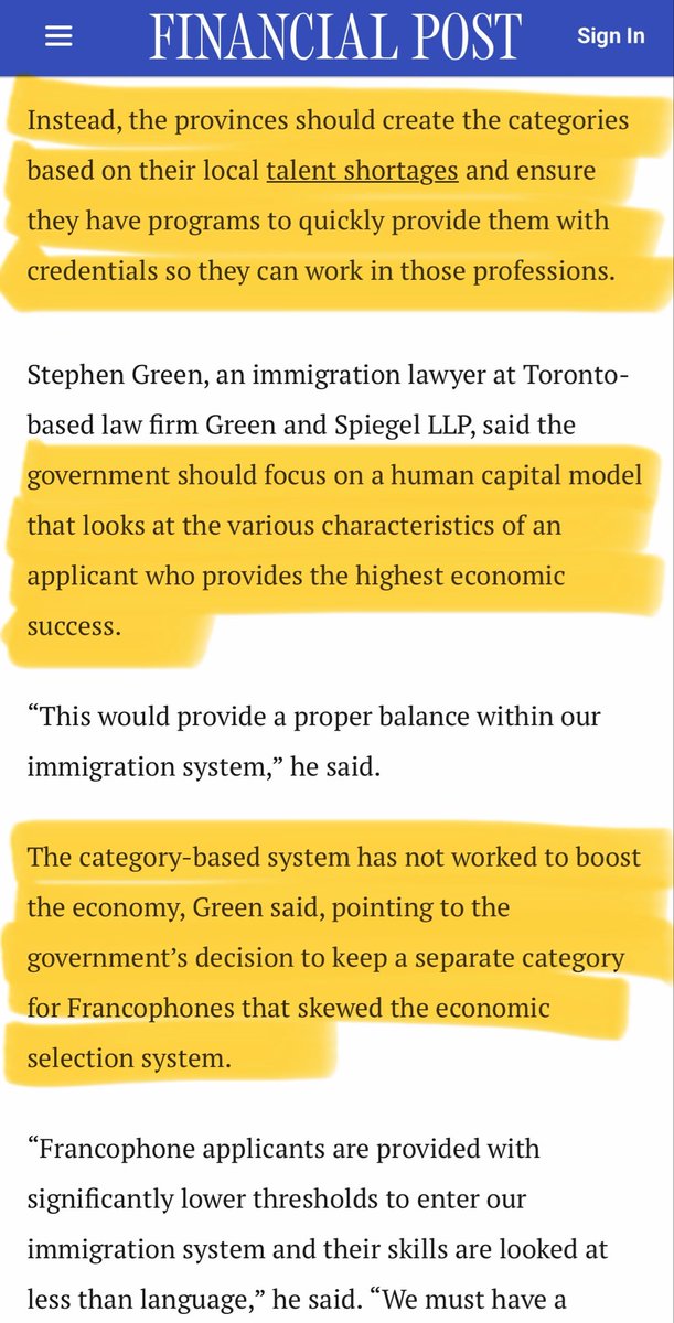 ninomelikidze's tweet photo. It was such a validating experience to read this article after all the work @StevePaolasini and I have done on Canadian skilled immigration and how to redesign the system to be functional and beneficial again:  https://t.co/wDc753ewzT

In this article from financial post based on a report from RBC (with quotes from a leading Canadian immigration lawyer mind you), some of the VERY SAME issues we identified and recommendations we proposed in our MLI express entry article are mentioned: https://t.co/cXlBRBwoyU

In the screenshots, I highlighted some of the most important points mentioned that reiterate what we had on our end as well. Canada simply can’t afford to have a dysfunctional immigration strategy that keeps constantly changing, targets lower skills for political priorities or short term labor shortages while being in the midst of a trade war basically. 

Overall, our skilled immigration system should focus on attracting motivated, high skilled candidates who want to build here (lives, careers, companies) and contribute to strengthen the Canadian economy. 

It’s interesting to me, when a report from RBC (currently the biggest Canadian company by market cap) indicates the same thing immigration industry experts have been saying for over a year now - why does the government make a point to look the other way? 

Consultations for performative purposes without any substantial impact aren’t really the solution tbh