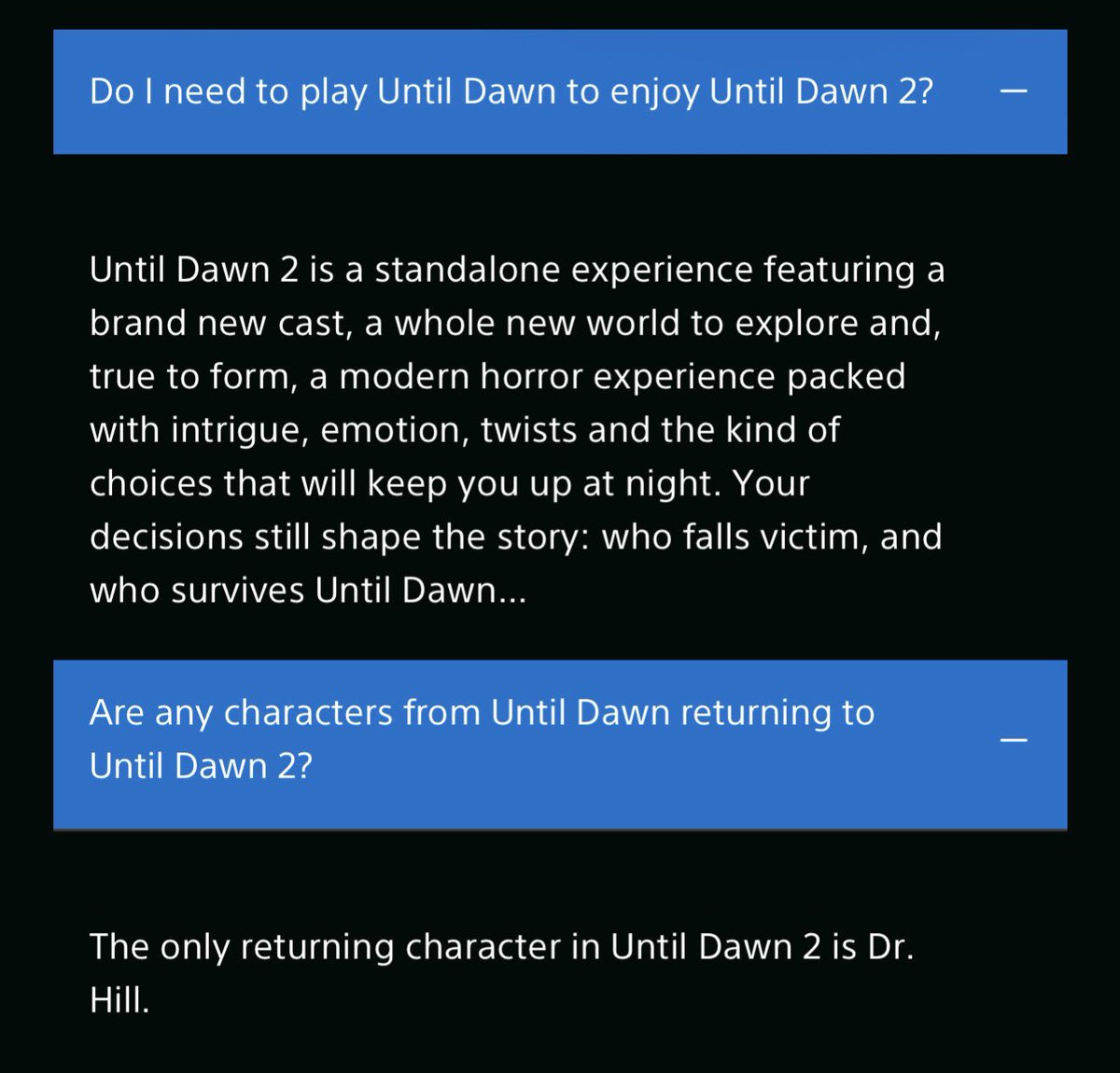 UntilDawnBase's tweet photo. PlayStation describes Until Dawn 2 as a standalone experience from the original and that Dr. Hill will be the only returning character from the first game. https://t.co/3FxA0GcZGr