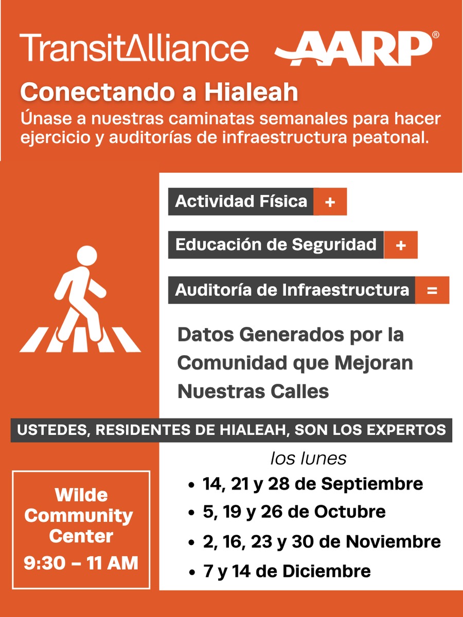 TransitMIA's tweet photo. the Transit Alliance team in Hialeah for our Conectando a Hialeah walks! ✨

Come sip some cafe con leche with abuelo y abuelita, and help us improve the walking and pedestrian conditions around Hialeah ☕️🚶‍♀️👵👴

There will be 12 walks from September to December. Each walk will be between 15 to 30 minutes. 

➡️ Before the walk: we will stretch, hydrate, and eat a few snacks.

➡️ During the walk: help seniors walk and navigate obstacles as needed, take breaks as needed, stay with seniors that may need a break, carry water/snacks in case anyone needs, observe, discuss, and mark pedestrian infrastructure on a provided auditing checklist

➡️ After the walk: hydrate, eat snacks, and brief presentations on pedestrian safety topics