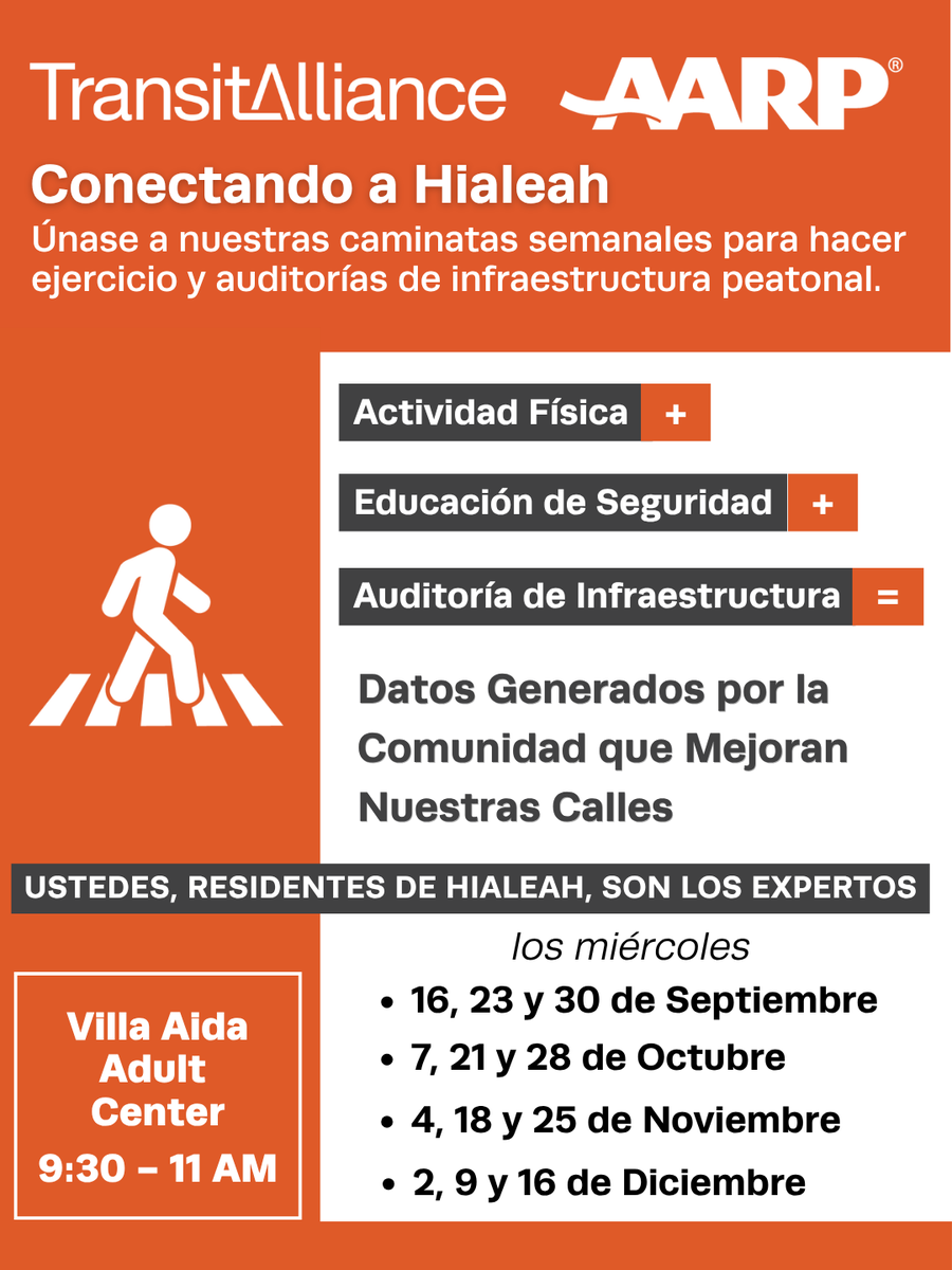 TransitMIA's tweet photo. the Transit Alliance team in Hialeah for our Conectando a Hialeah walks! ✨

Come sip some cafe con leche with abuelo y abuelita, and help us improve the walking and pedestrian conditions around Hialeah ☕️🚶‍♀️👵👴

There will be 12 walks from September to December. Each walk will be between 15 to 30 minutes. 

➡️ Before the walk: we will stretch, hydrate, and eat a few snacks.

➡️ During the walk: help seniors walk and navigate obstacles as needed, take breaks as needed, stay with seniors that may need a break, carry water/snacks in case anyone needs, observe, discuss, and mark pedestrian infrastructure on a provided auditing checklist

➡️ After the walk: hydrate, eat snacks, and brief presentations on pedestrian safety topics